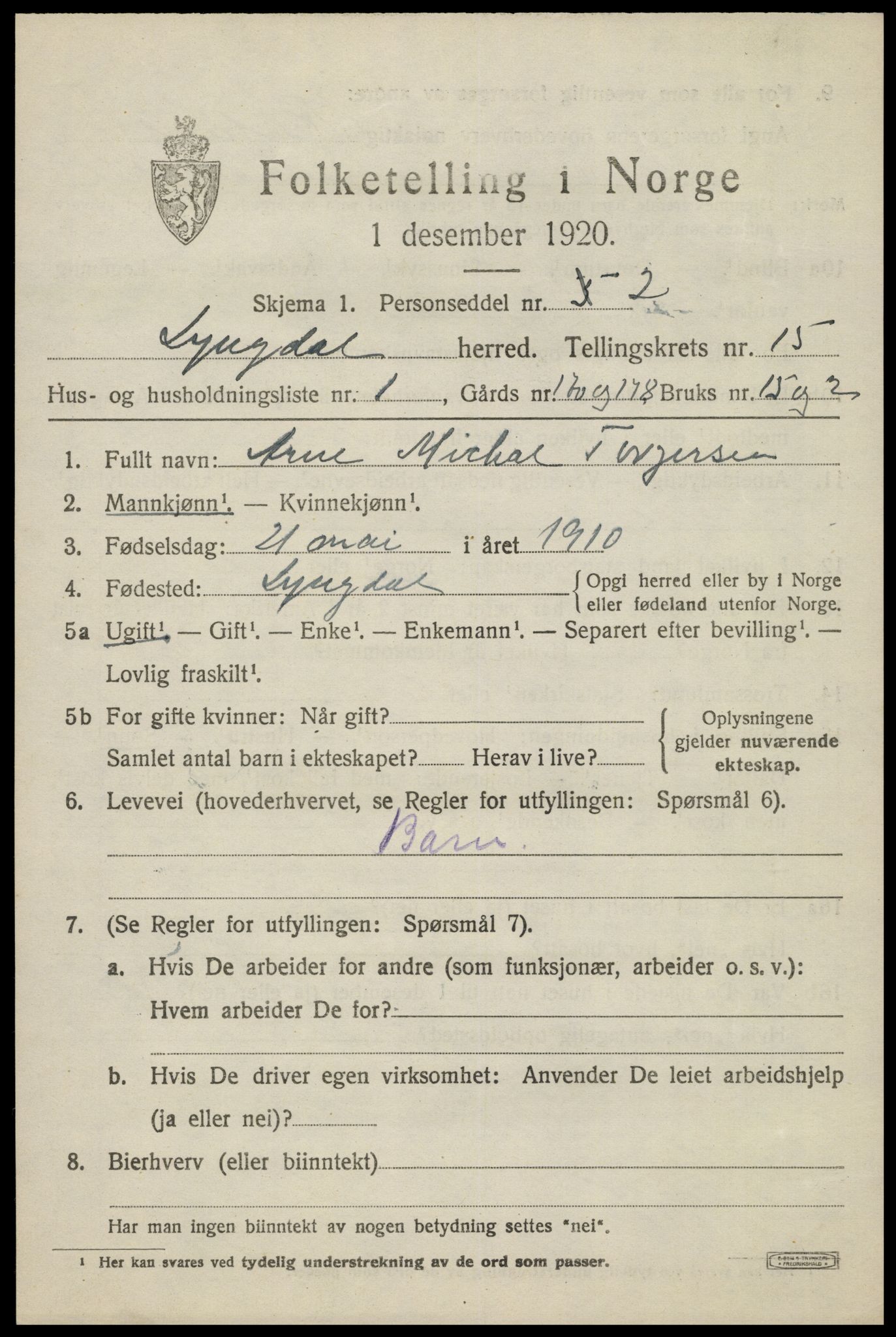 SAK, 1920 census for Lyngdal, 1920, p. 6311