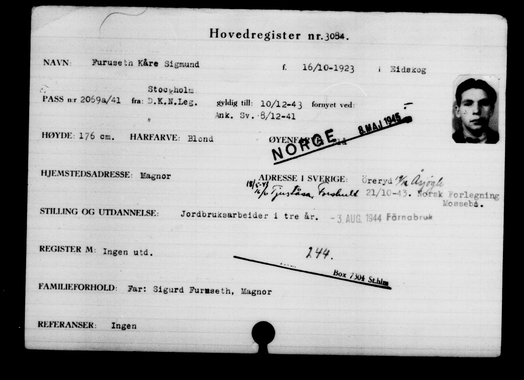 Den Kgl. Norske Legasjons Flyktningskontor, RA/S-6753/V/Va/L0003: Kjesäterkartoteket.  Flyktningenr. 2001-3495, 1940-1945, p. 1513