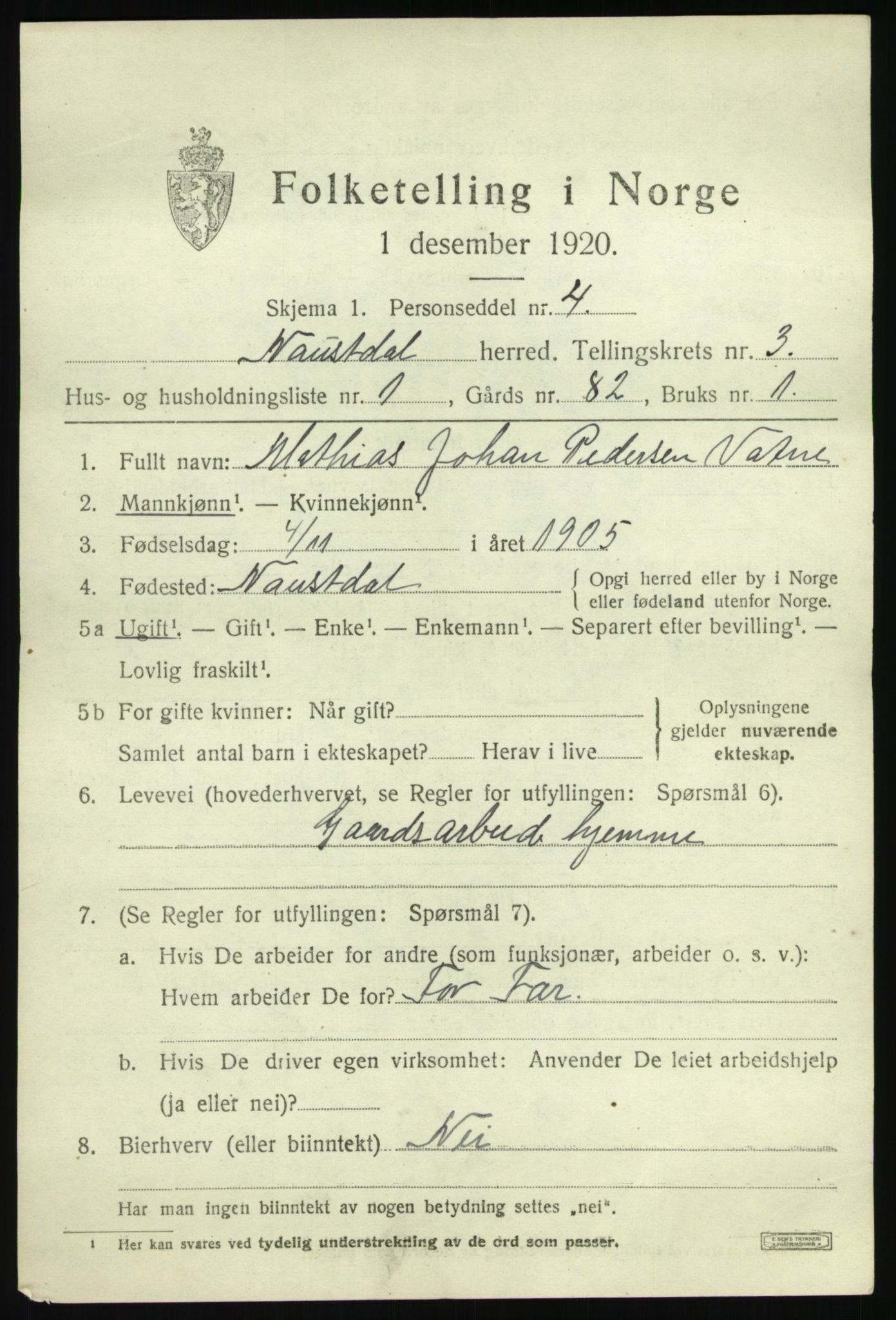 SAB, 1920 census for Naustdal, 1920, p. 1721