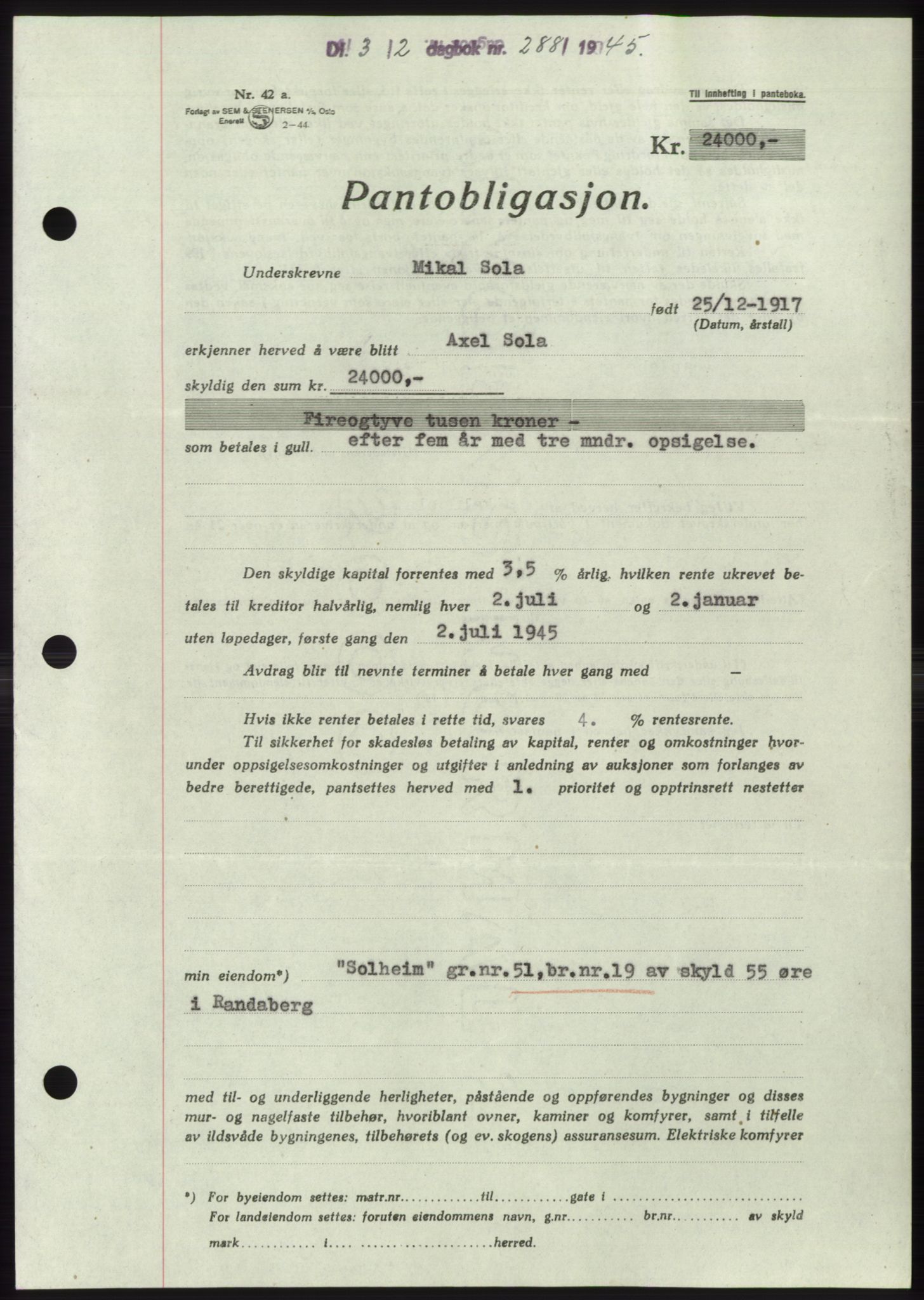 Jæren sorenskriveri, AV/SAST-A-100310/03/G/Gba/L0087: Mortgage book, 1944-1945, Diary no: : 288/1945