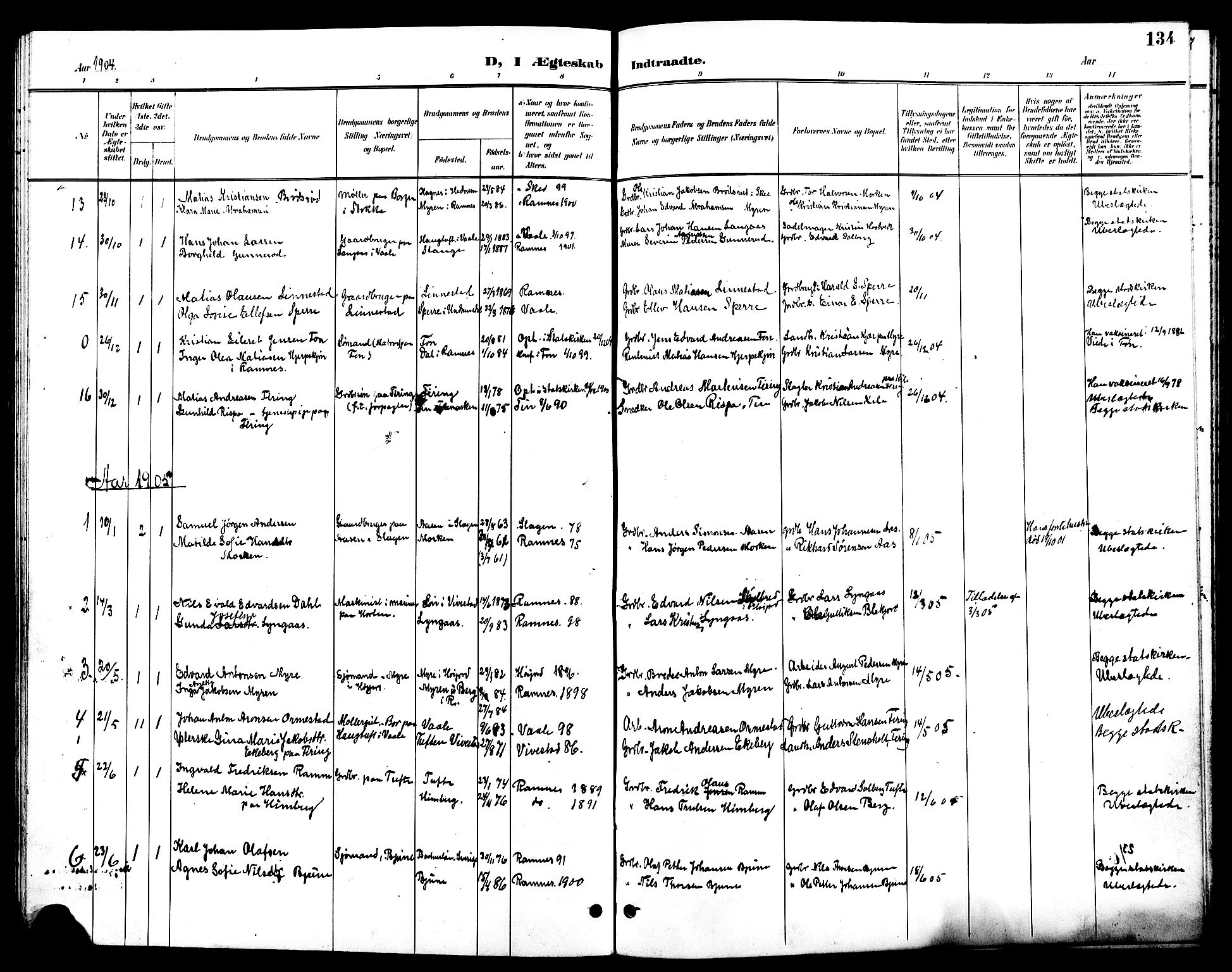 Ramnes kirkebøker, AV/SAKO-A-314/G/Ga/L0004: Parish register (copy) no. I 4, 1896-1911, p. 134