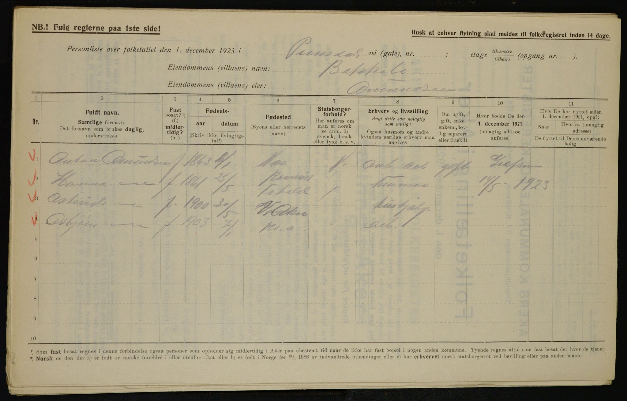 , Municipal Census 1923 for Aker, 1923, p. 43509