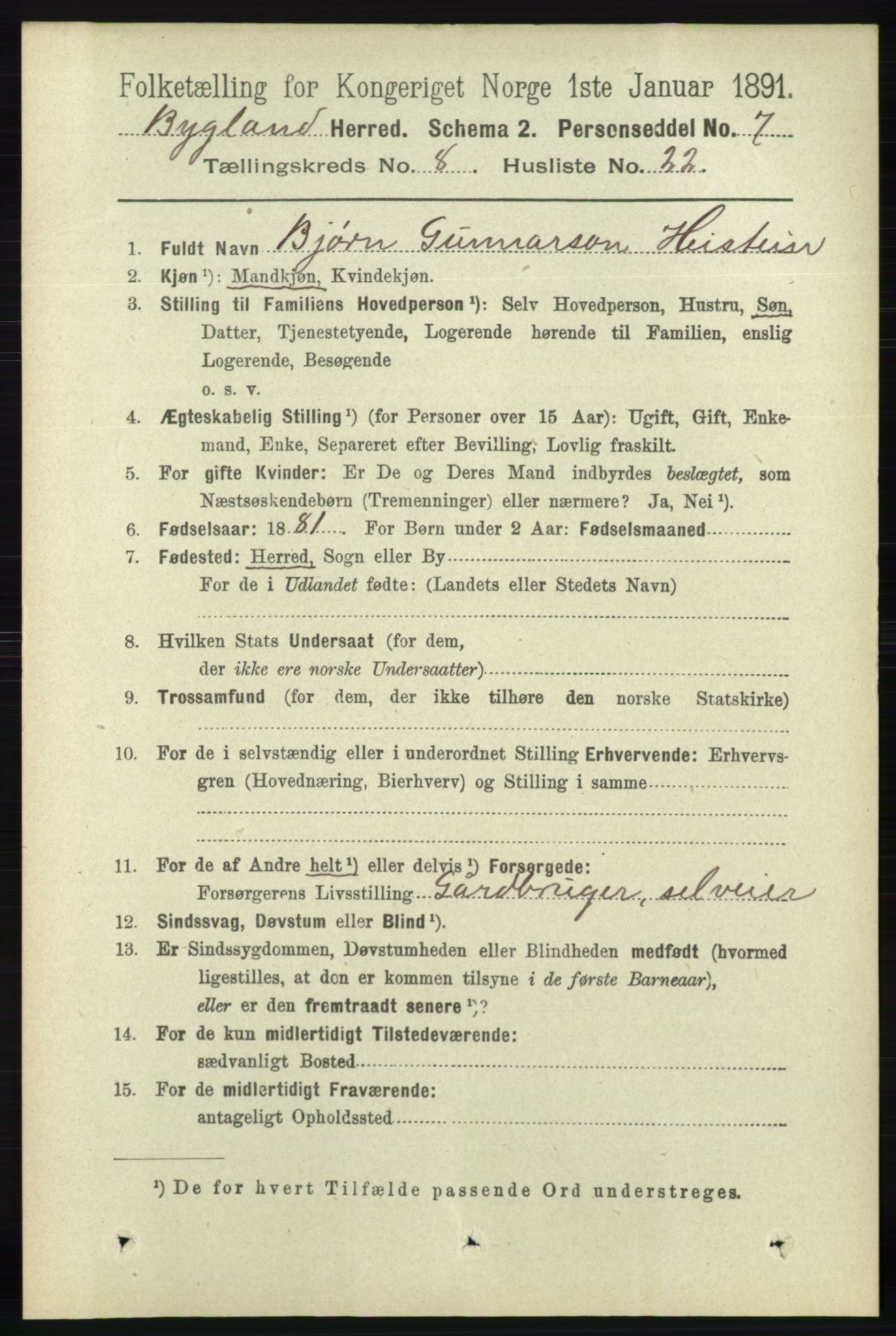 RA, 1891 census for 0938 Bygland, 1891, p. 2060