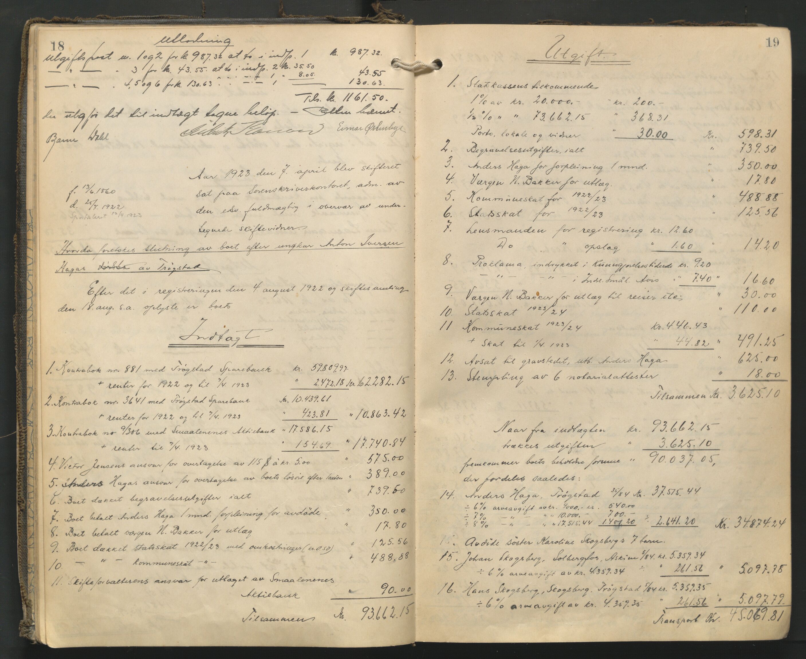 Rakkestad sorenskriveri, AV/SAO-A-10686/H/He/L0013: Skifteutlodningsprotokoller, 1922-1929, p. 18-19