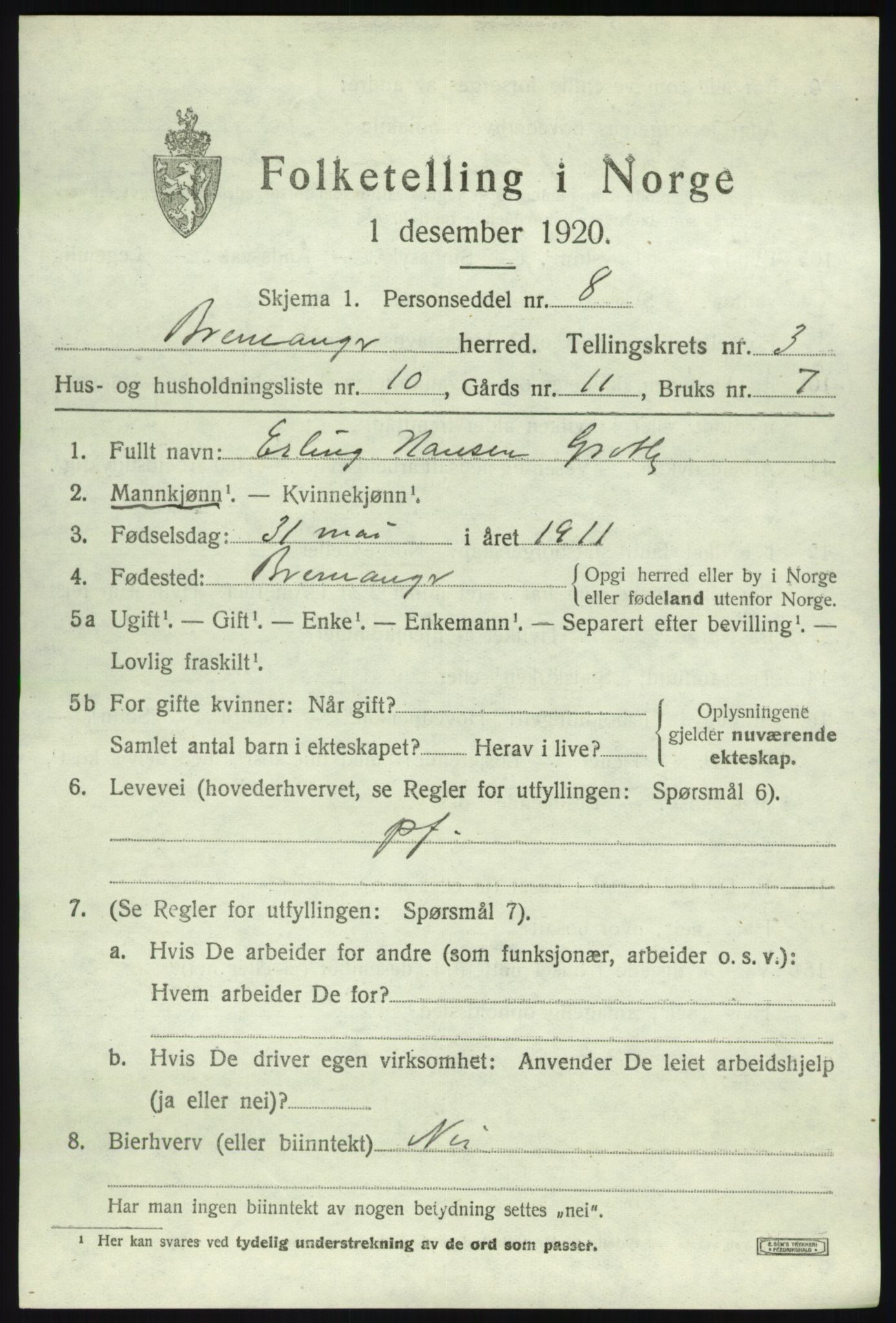 SAB, 1920 census for Bremanger, 1920, p. 2500