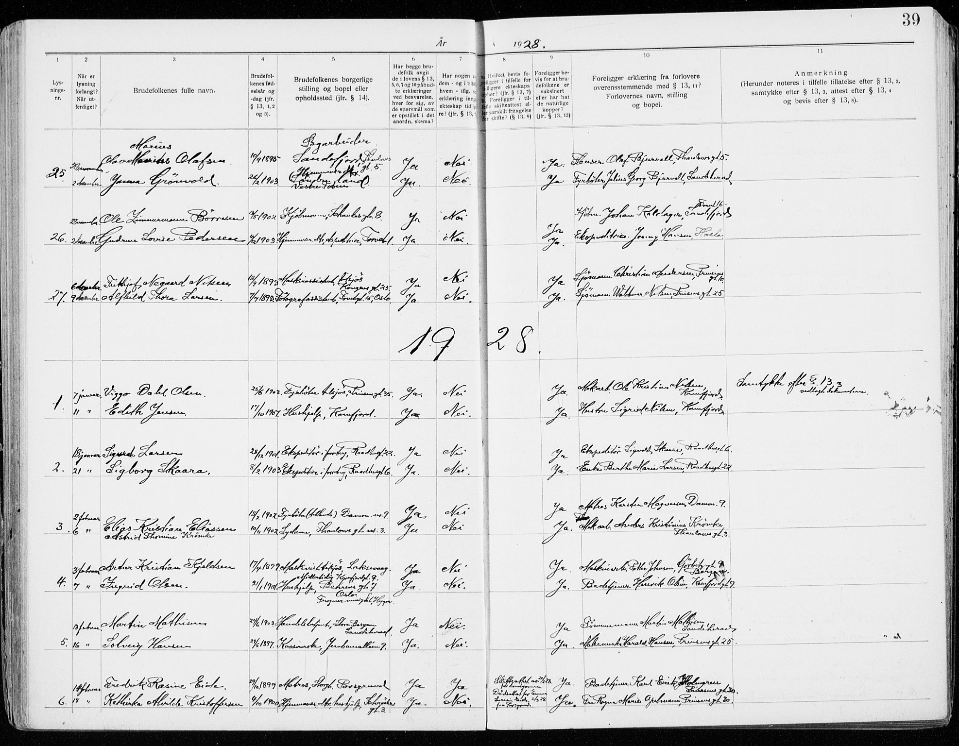 Sandefjord kirkebøker, AV/SAKO-A-315/H/Ha/L0001: Banns register no. 1, 1919-1939, p. 39
