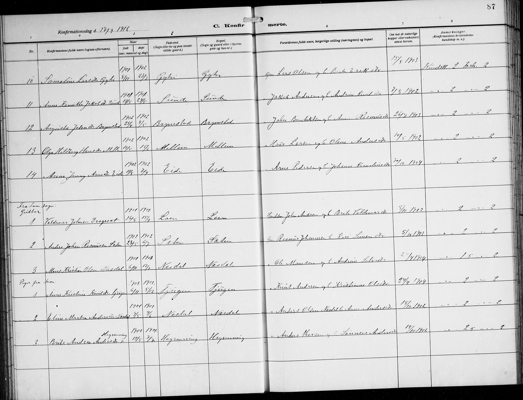 Innvik sokneprestembete, AV/SAB-A-80501: Parish register (copy) no. B 5, 1915-1943, p. 87