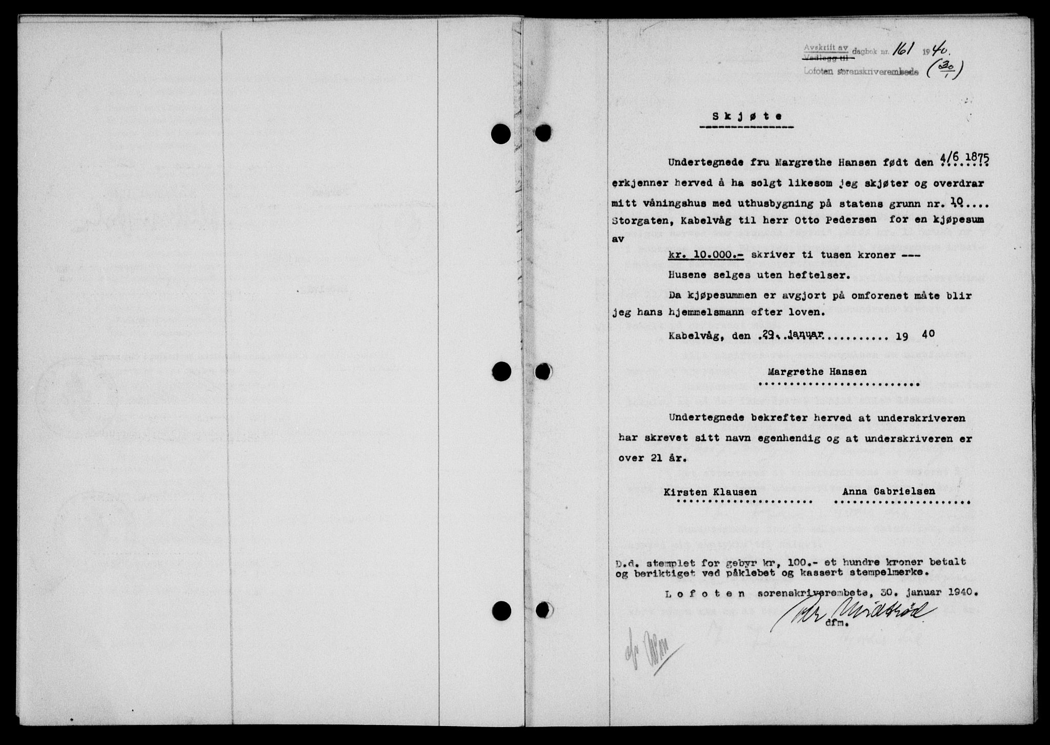 Lofoten sorenskriveri, SAT/A-0017/1/2/2C/L0007a: Mortgage book no. 7a, 1939-1940, Diary no: : 161/1940