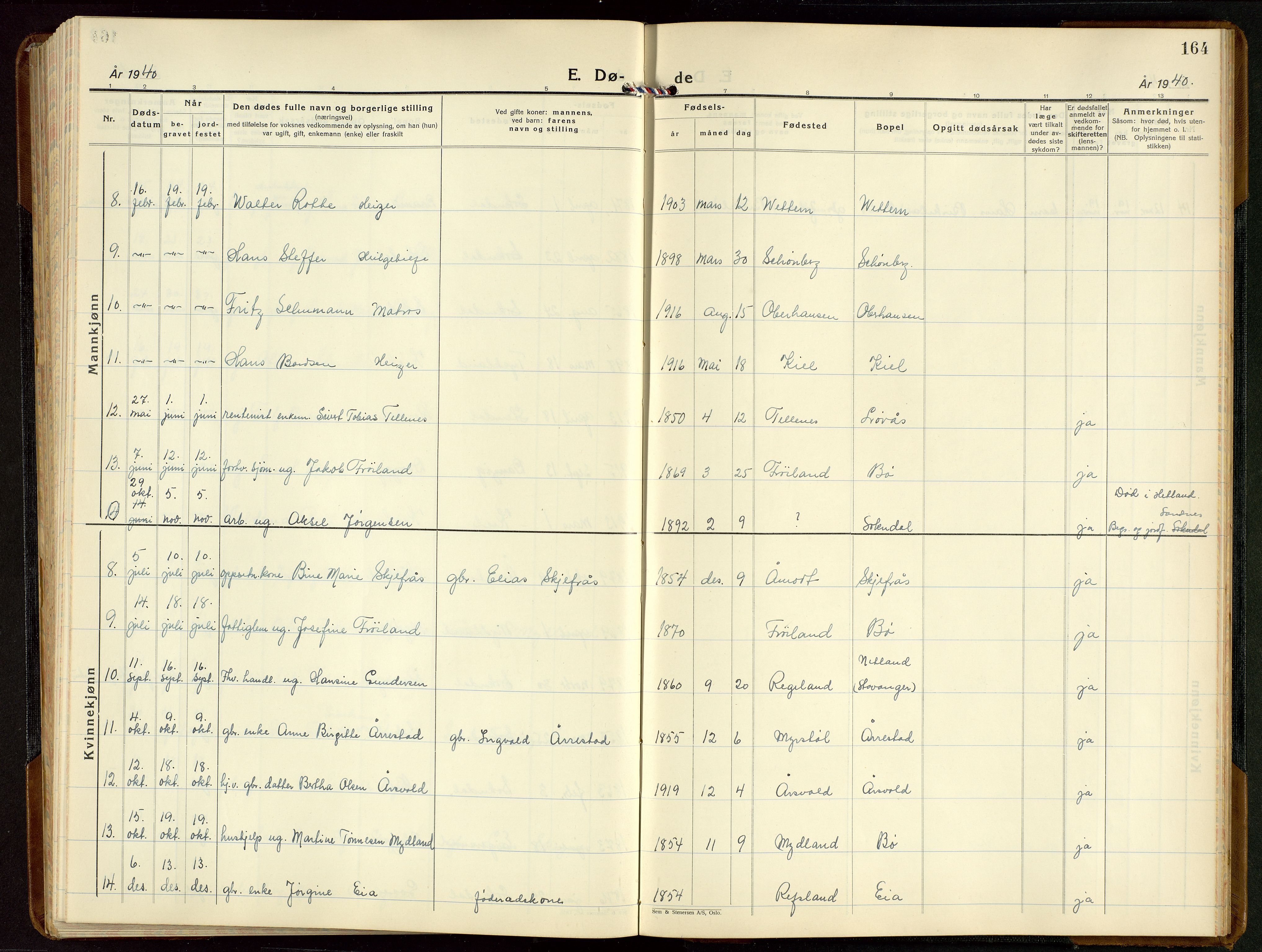 Sokndal sokneprestkontor, SAST/A-101808: Parish register (copy) no. B 9, 1935-1949, p. 164