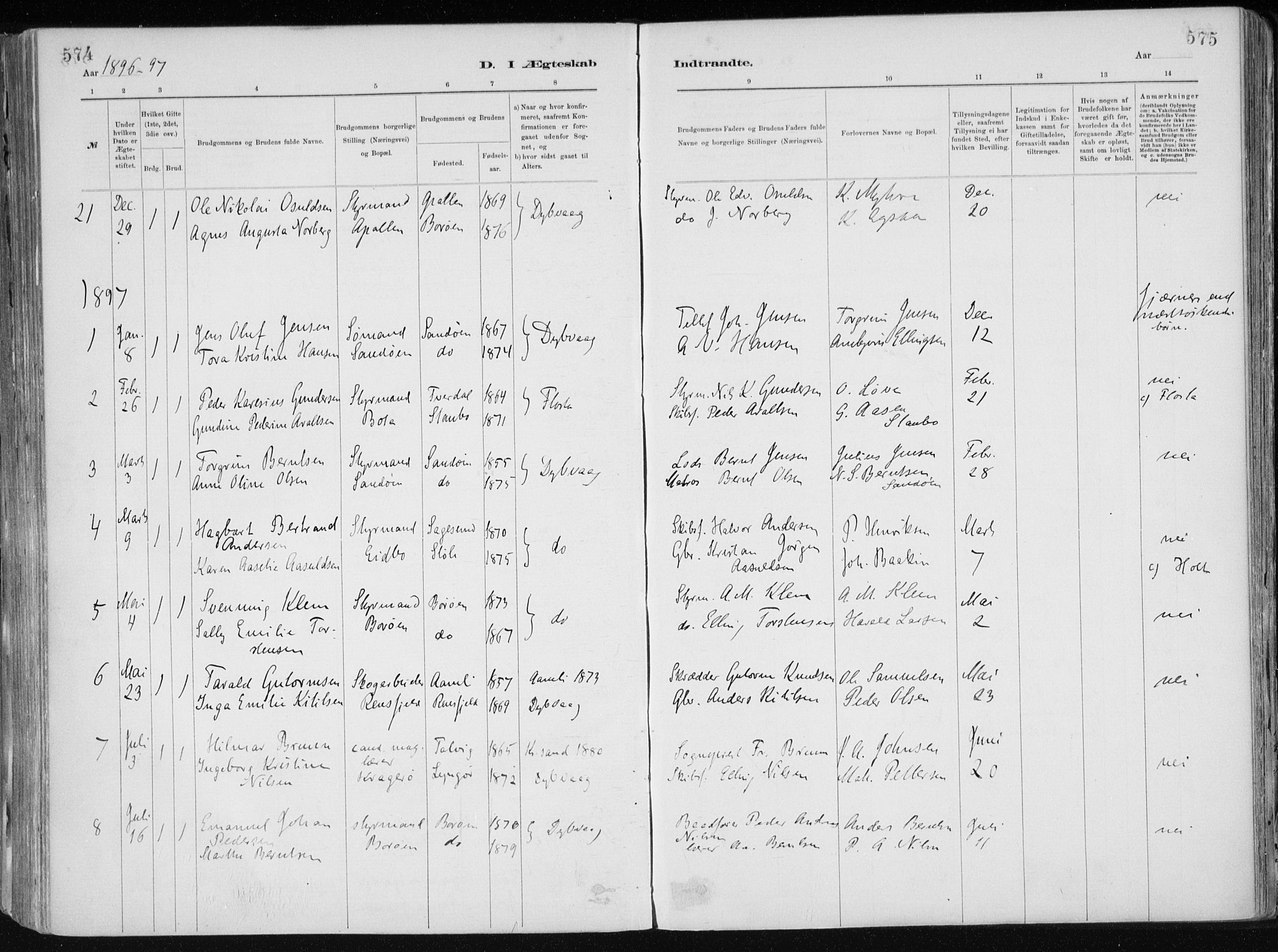 Dypvåg sokneprestkontor, SAK/1111-0007/F/Fa/Faa/L0008: Parish register (official) no. A 8, 1885-1906, p. 574-575