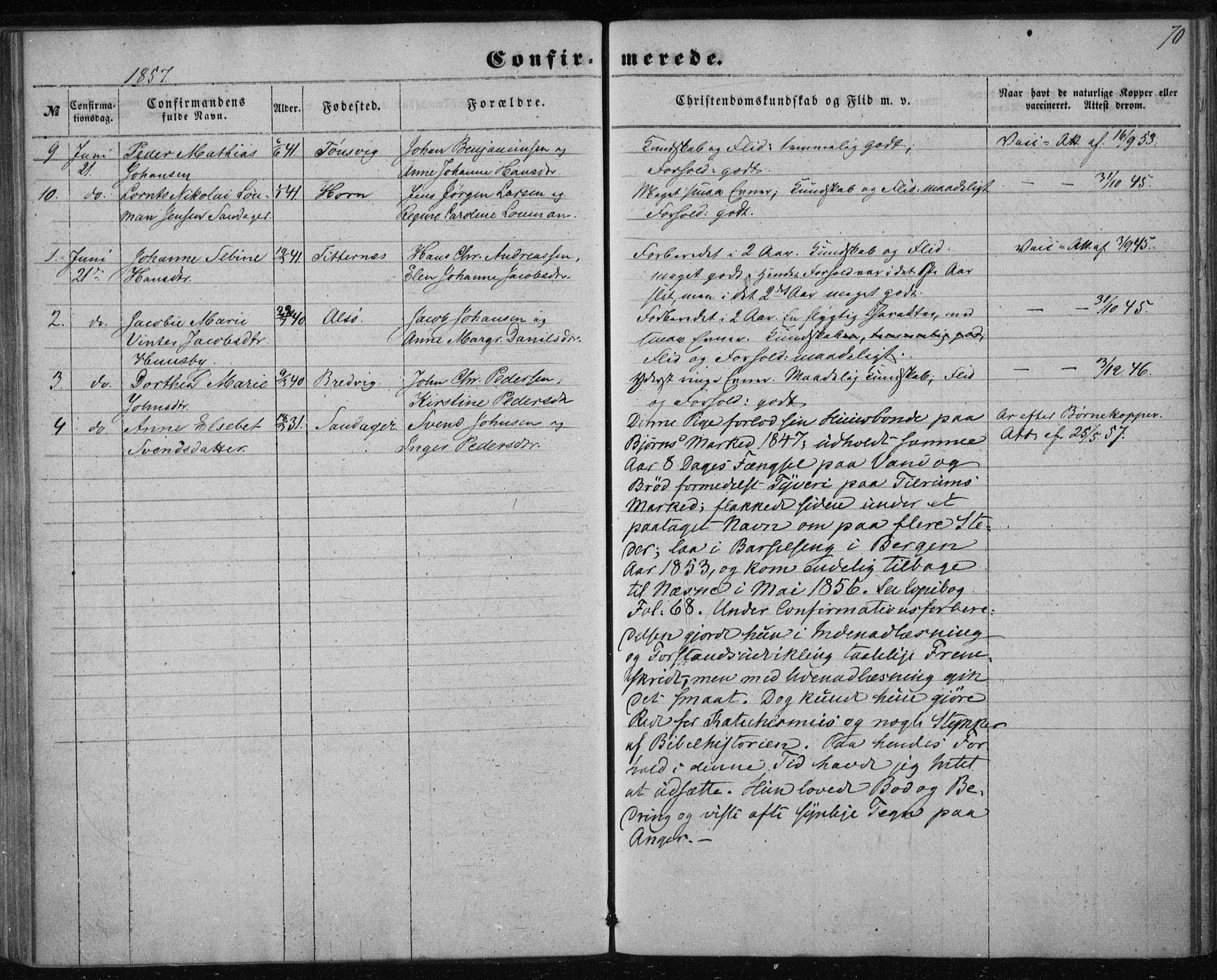 Ministerialprotokoller, klokkerbøker og fødselsregistre - Nordland, AV/SAT-A-1459/835/L0523: Parish register (official) no. 835A01, 1855-1865, p. 70