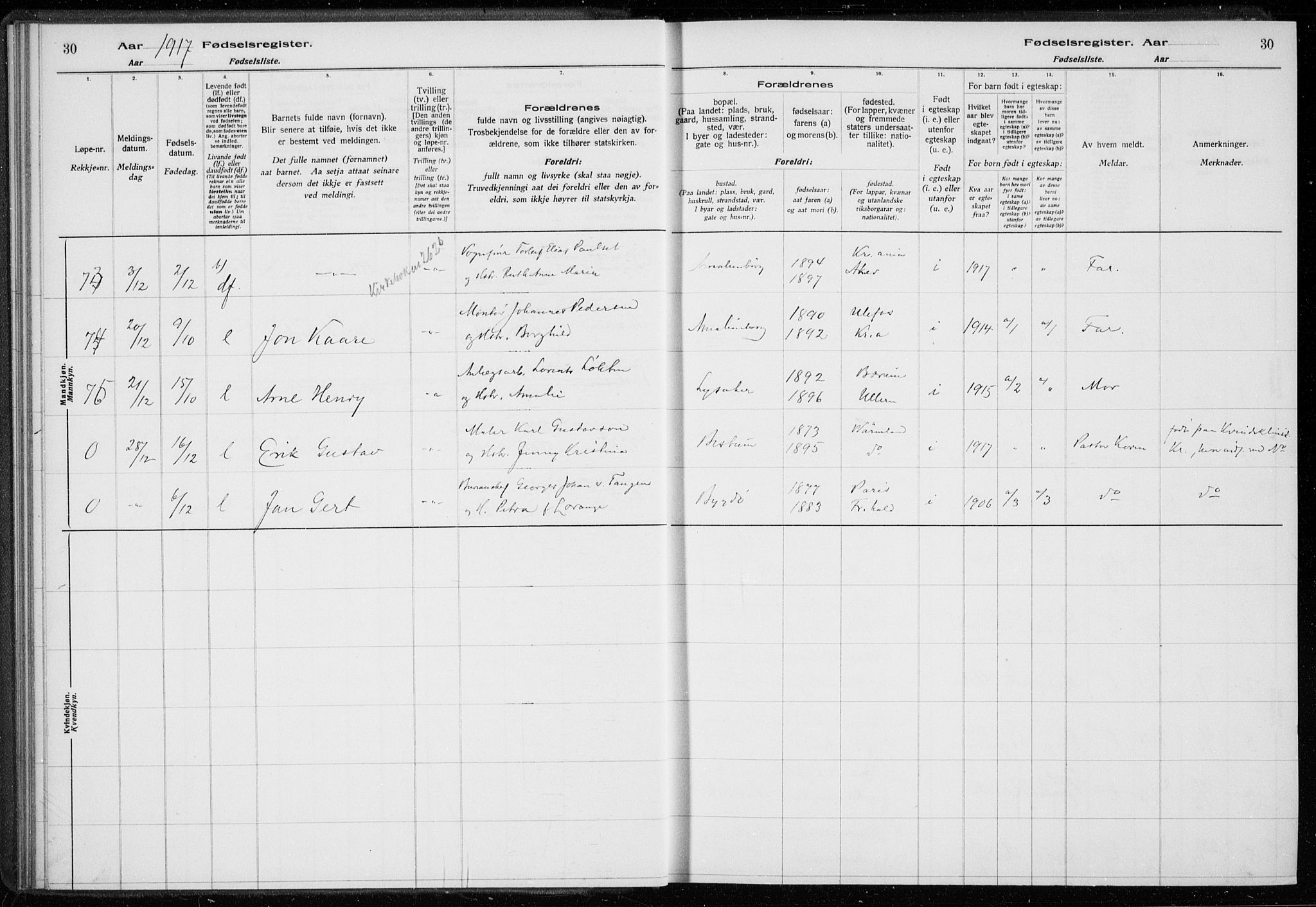 Ullern prestekontor Kirkebøker, SAO/A-10740/J/L0001: Birth register no. 1, 1916-1928, p. 30