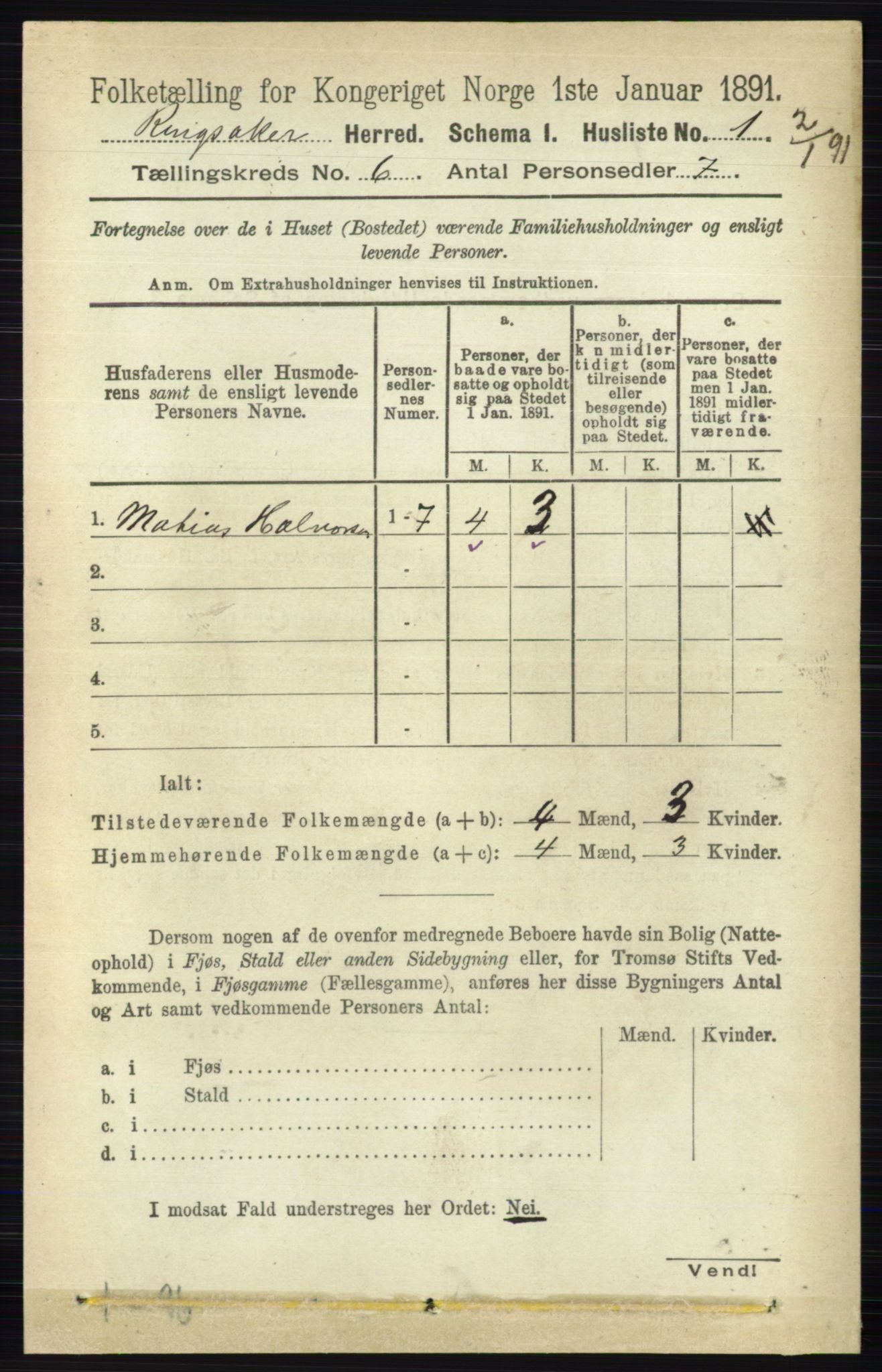 RA, 1891 census for 0412 Ringsaker, 1891, p. 3086