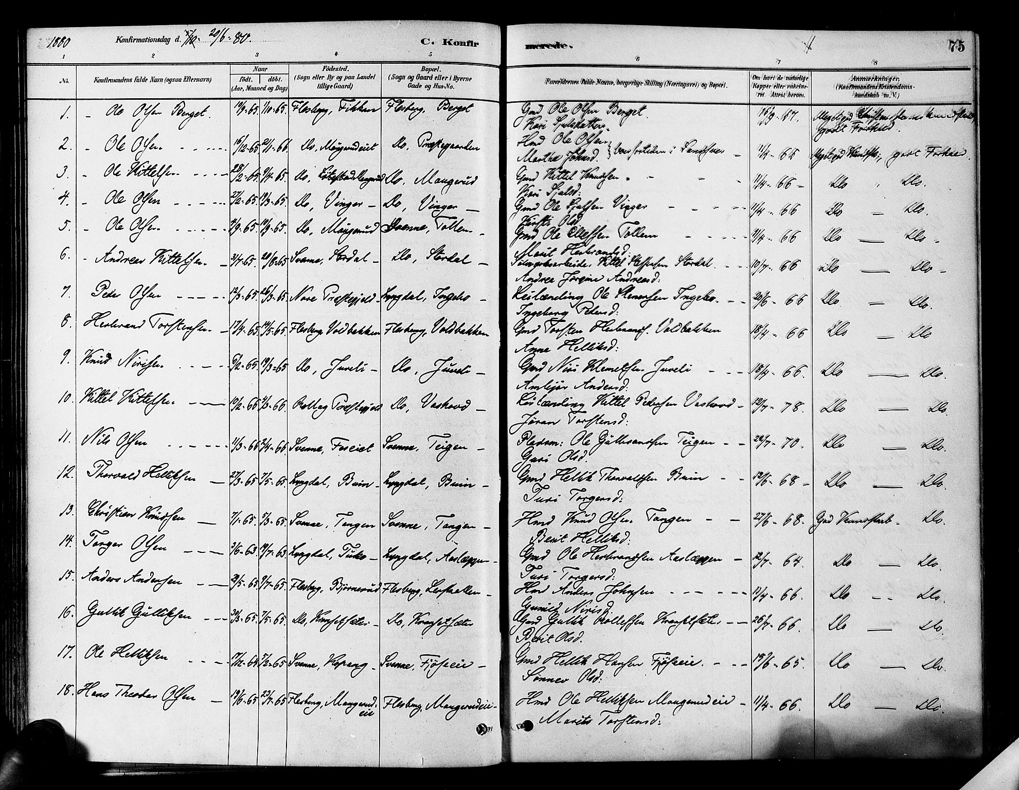 Flesberg kirkebøker, SAKO/A-18/F/Fa/L0008: Parish register (official) no. I 8, 1879-1899, p. 75