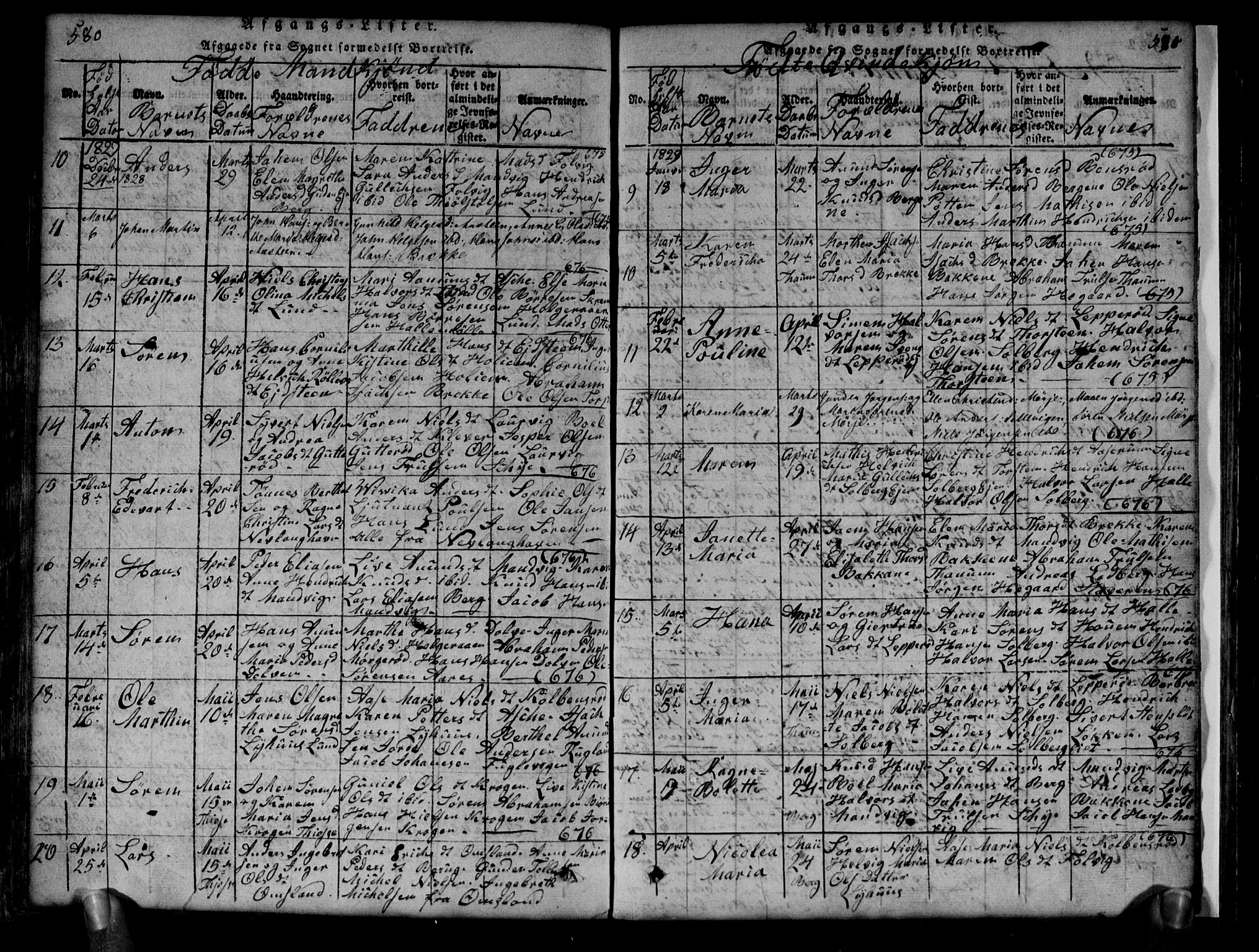 Brunlanes kirkebøker, AV/SAKO-A-342/G/Ga/L0001: Parish register (copy) no. I 1, 1814-1834, p. 580-581