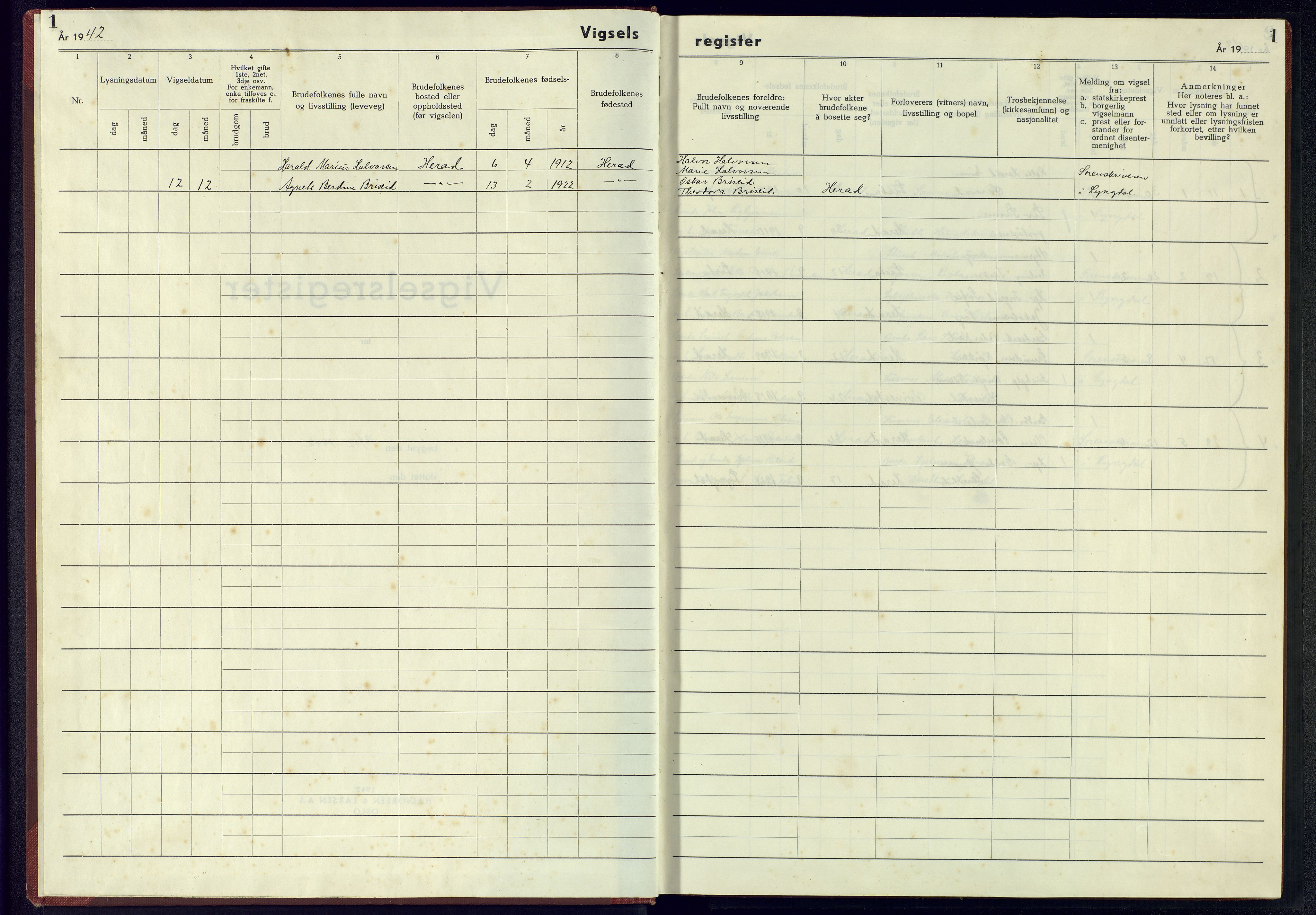 Herad sokneprestkontor, SAK/1111-0018/J/Jb/L0003: Marriage register no. A-VI-4, 1942-1945, p. 1