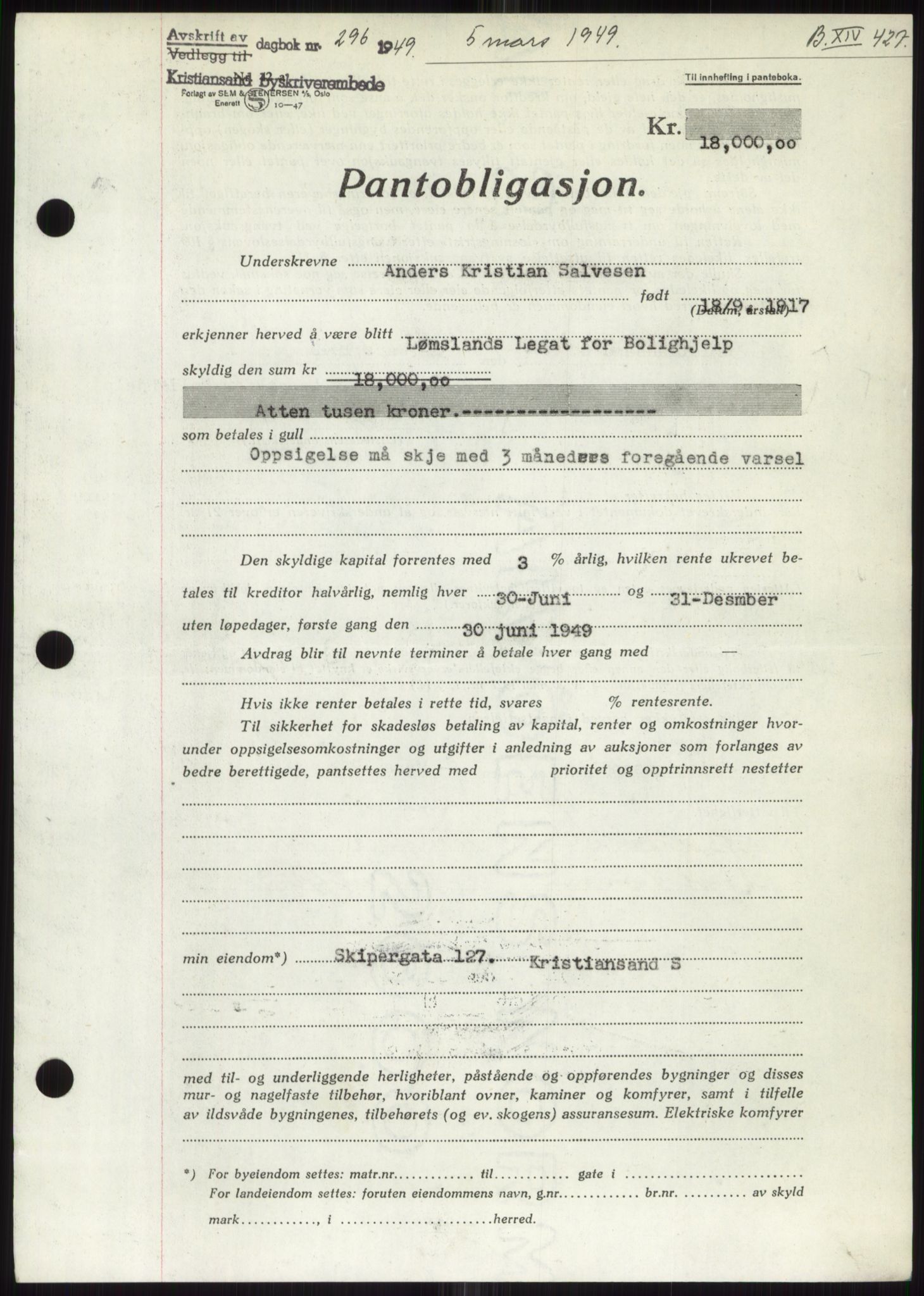 Kristiansand byrett, SAK/1223-0001/G/Gb/Gbb/L0011: Mortgage book no. B 14, 1948-1949, Diary no: : 296/1949