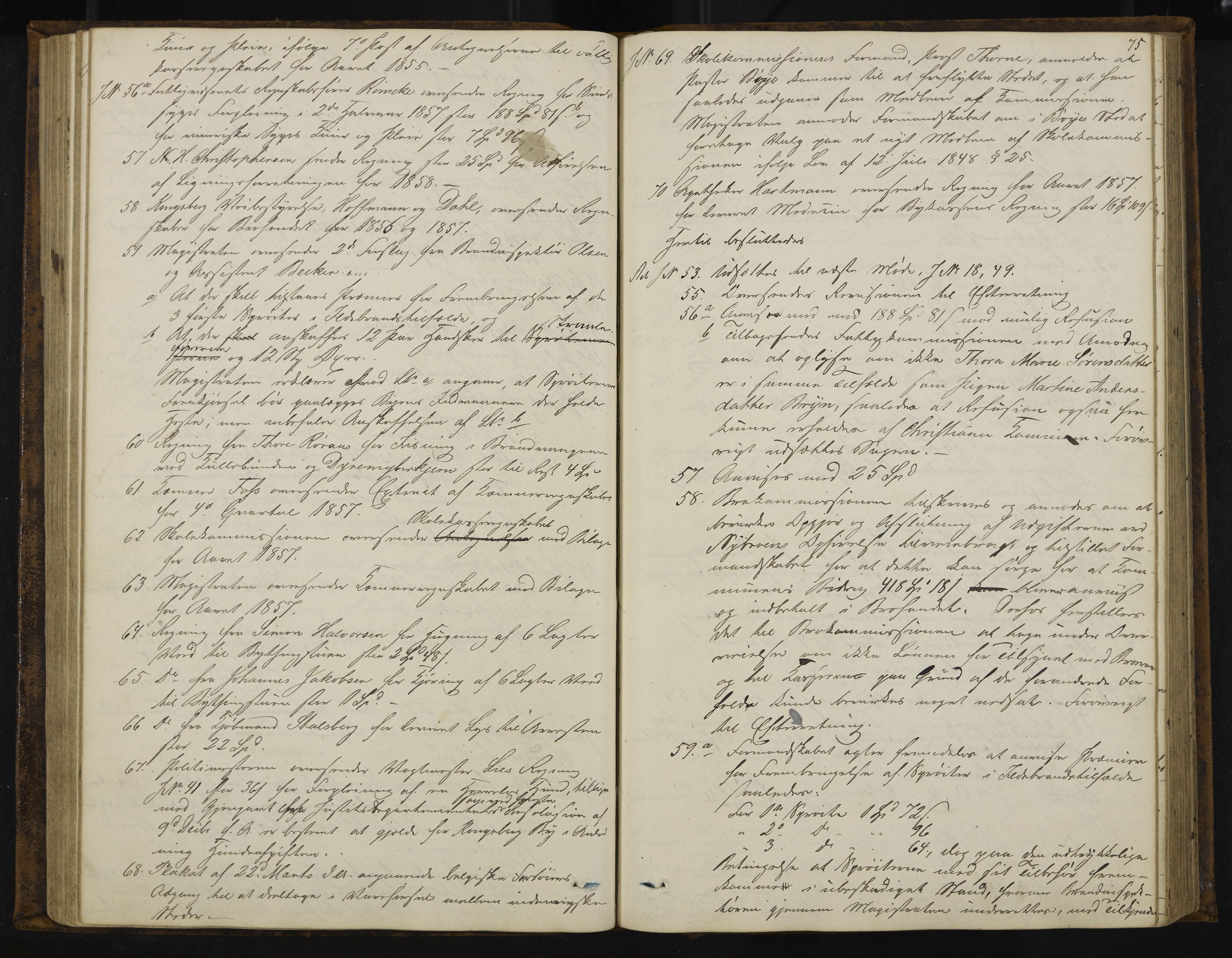 Kongsberg formannskap og sentraladministrasjon, IKAK/0604021-1/A/L0003: Møtebok med register, 1856-1861, p. 75