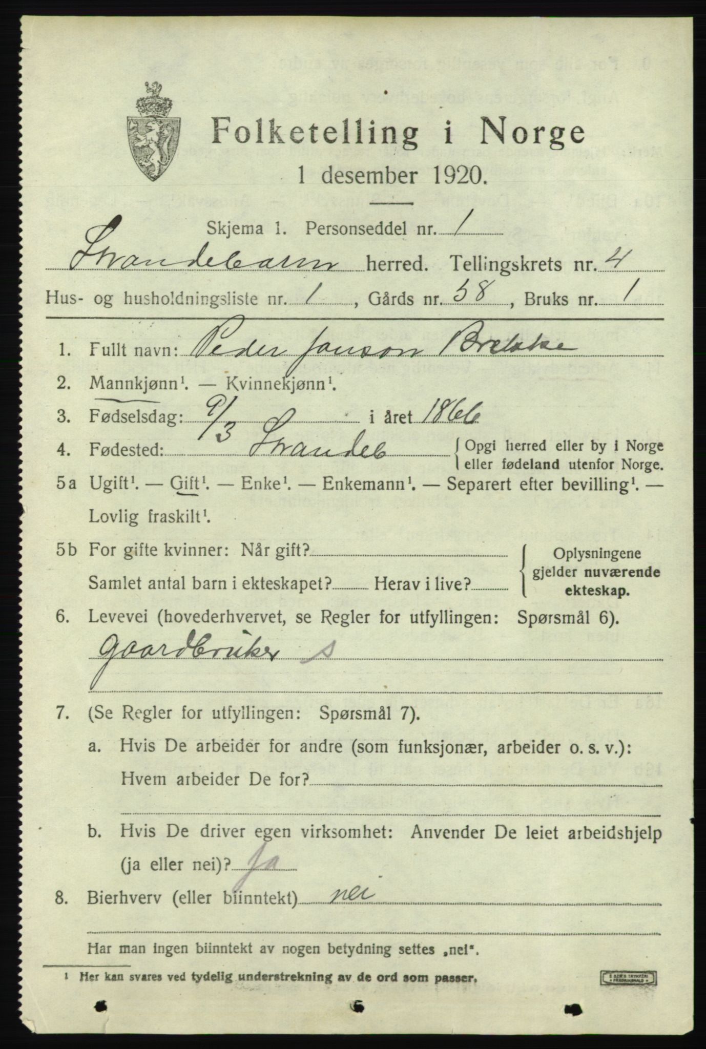 SAB, 1920 census for Strandebarm, 1920, p. 3462