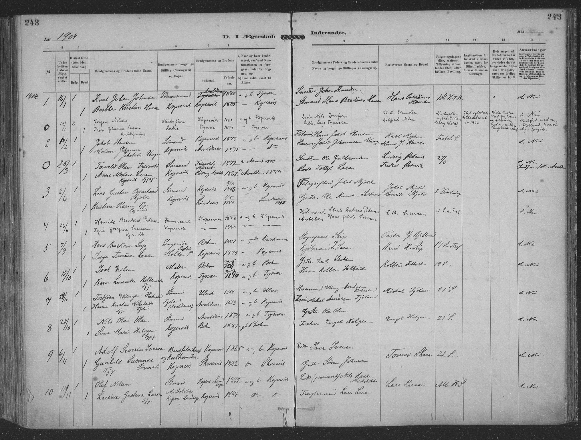 Kopervik sokneprestkontor, SAST/A-101850/H/Ha/Haa/L0001: Parish register (official) no. A 1, 1880-1919, p. 243