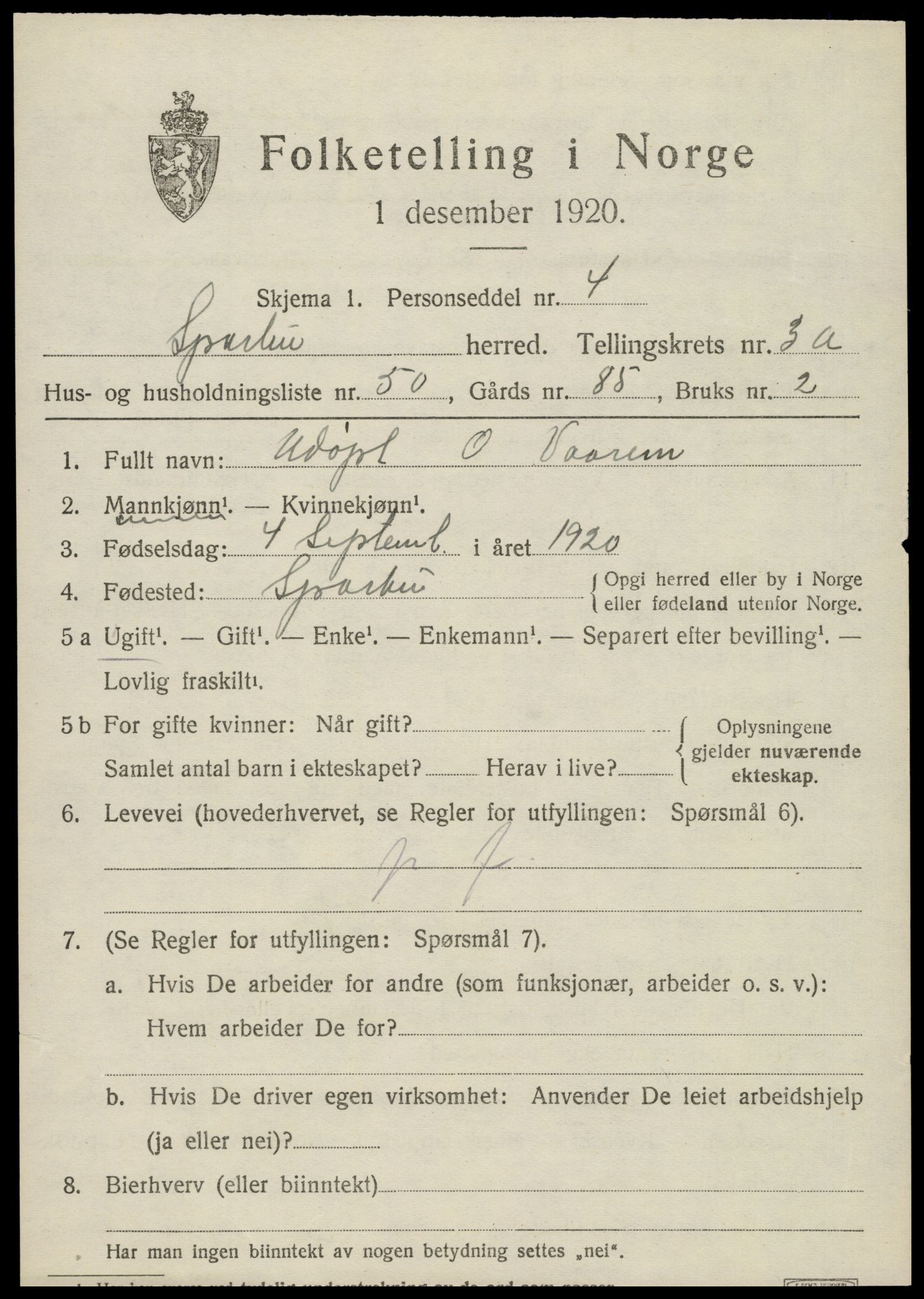 SAT, 1920 census for Sparbu, 1920, p. 4829