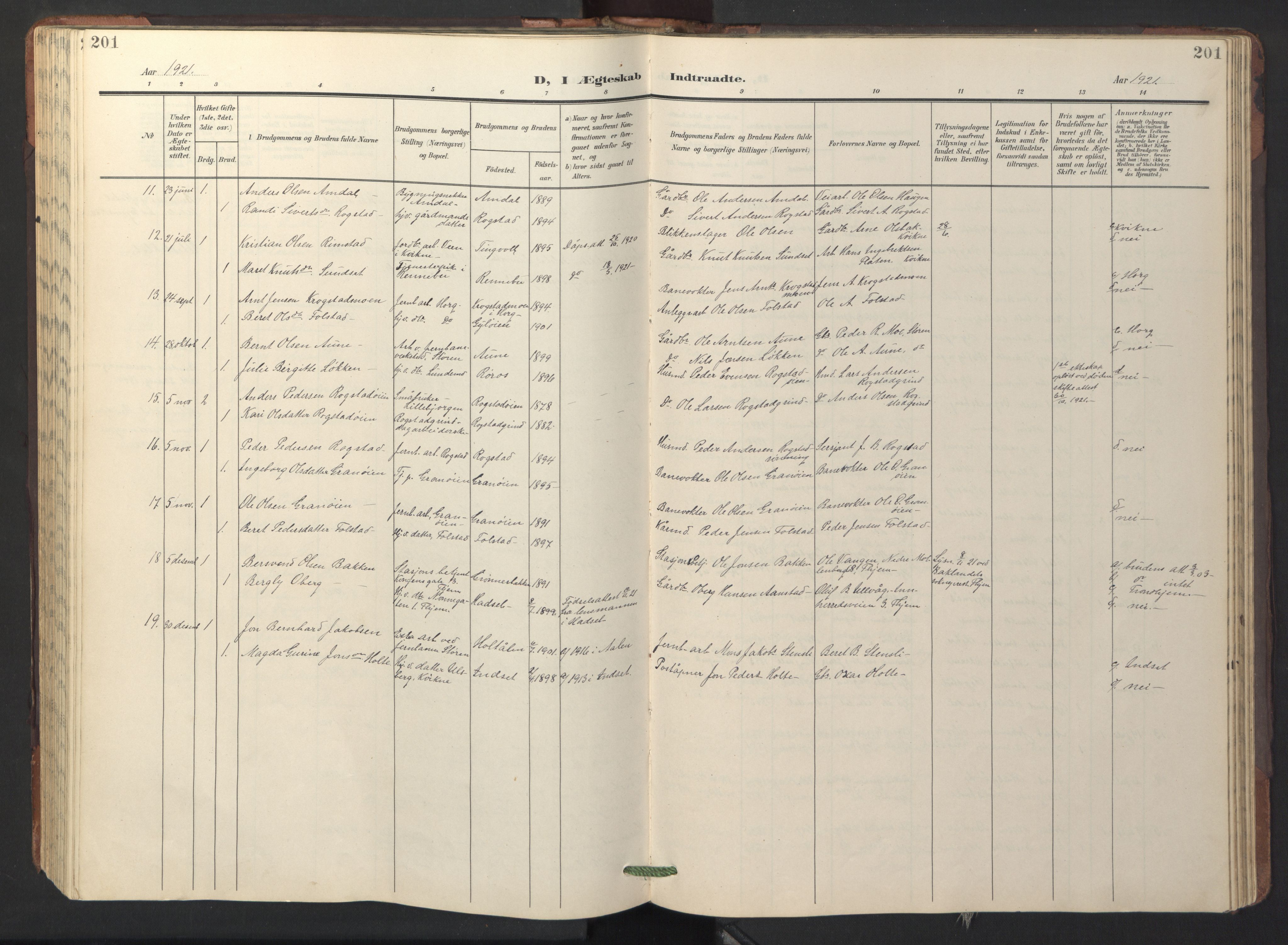 Ministerialprotokoller, klokkerbøker og fødselsregistre - Sør-Trøndelag, AV/SAT-A-1456/687/L1019: Parish register (copy) no. 687C03, 1904-1931, p. 201