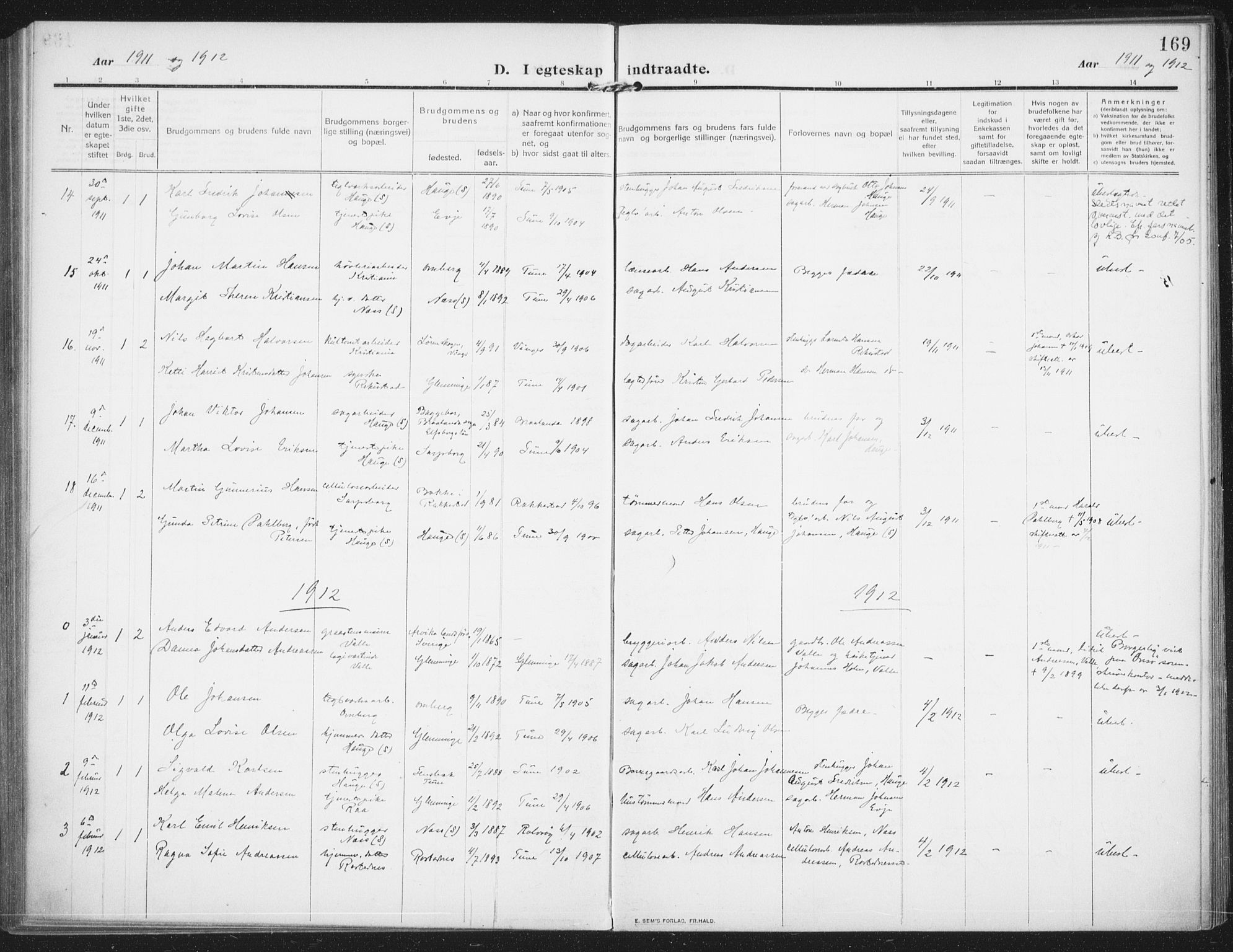 Rolvsøy prestekontor Kirkebøker, AV/SAO-A-2004/F/Fa/L0002: Parish register (official) no. 2, 1909-1917, p. 169