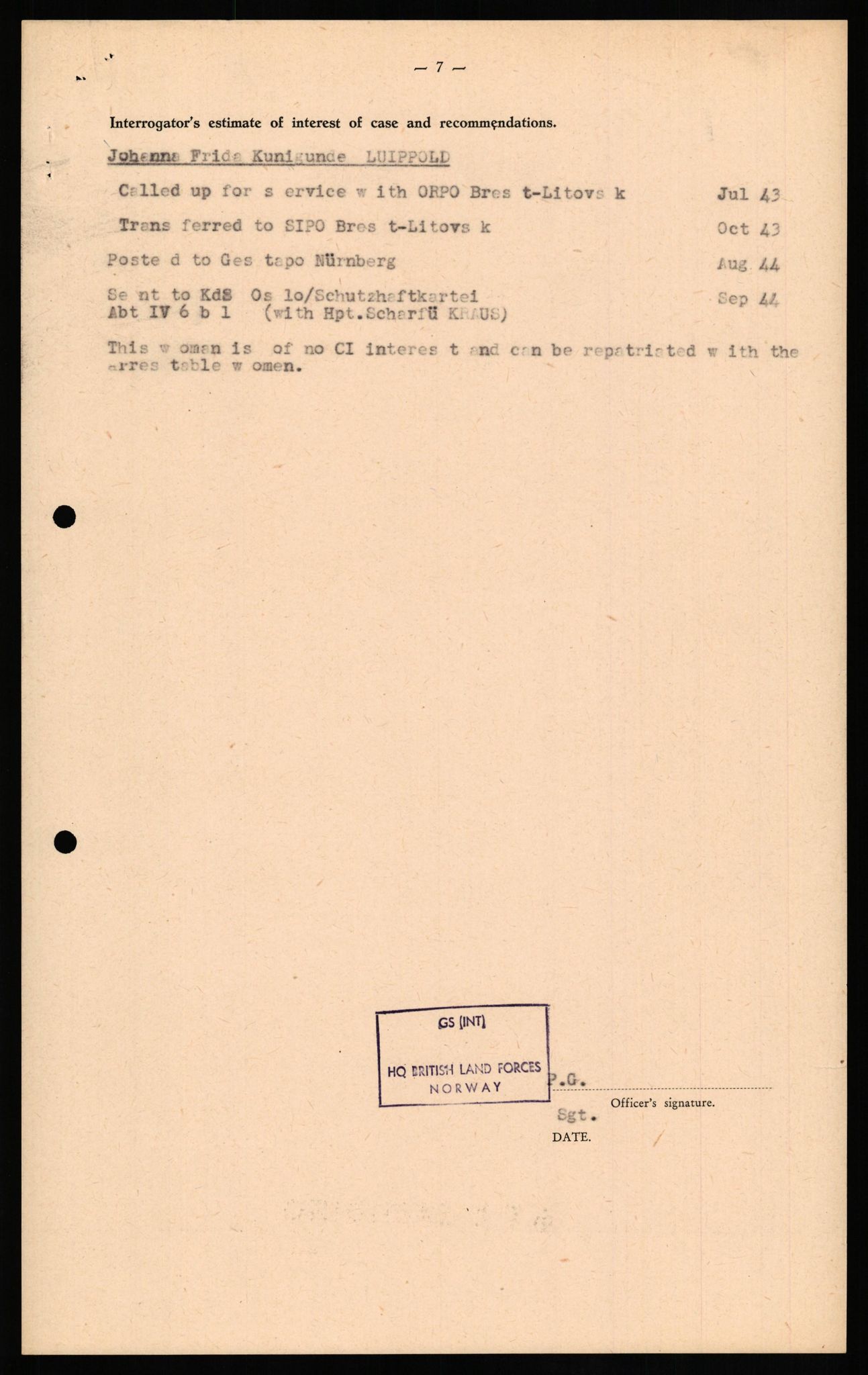 Forsvaret, Forsvarets overkommando II, AV/RA-RAFA-3915/D/Db/L0020: CI Questionaires. Tyske okkupasjonsstyrker i Norge. Tyskere., 1945-1946, p. 413