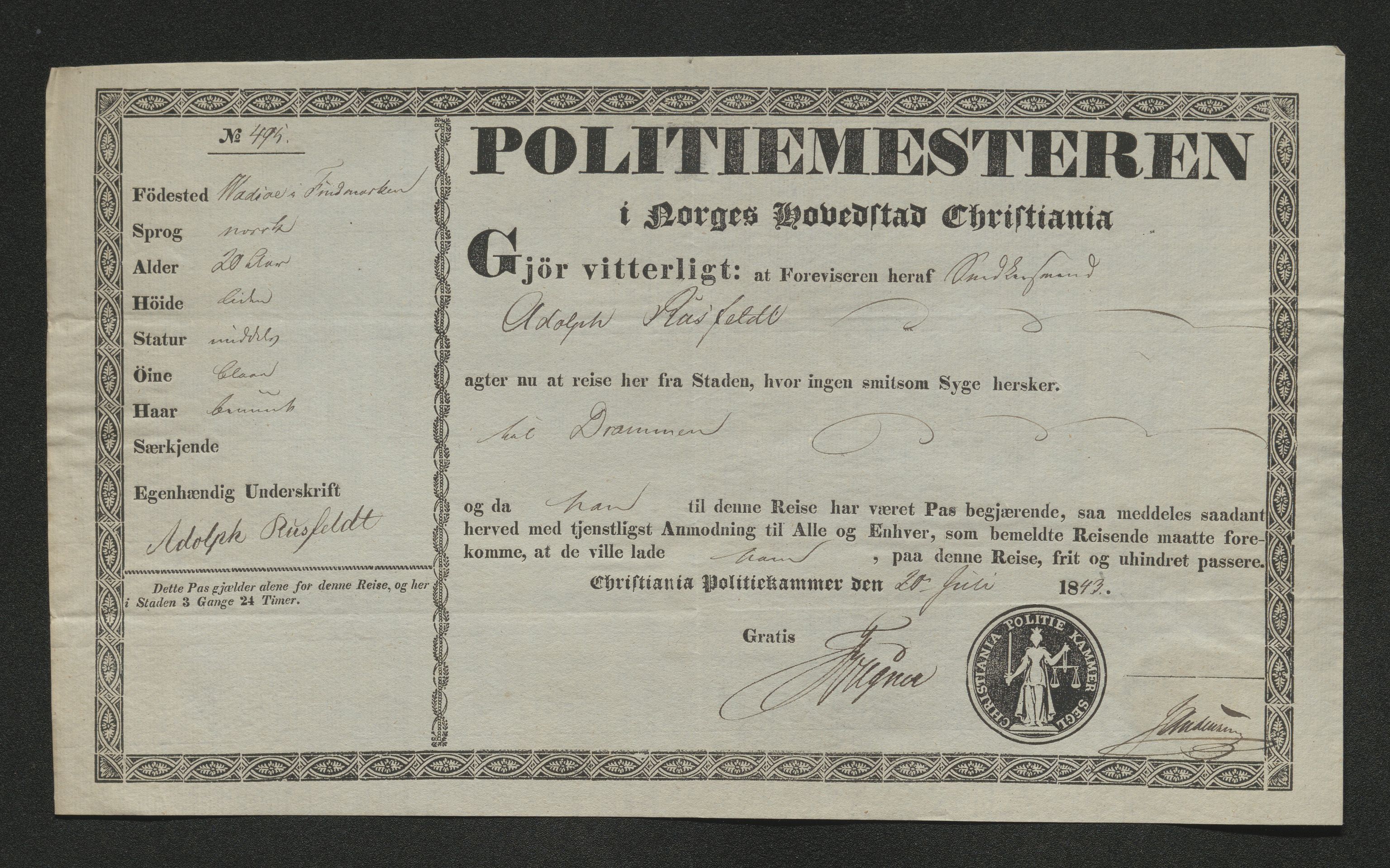 Drammen politikammer, AV/SAKO-A-623/I/Ia/Iab/L0007: Innleverte pass, 1843-1844, p. 184