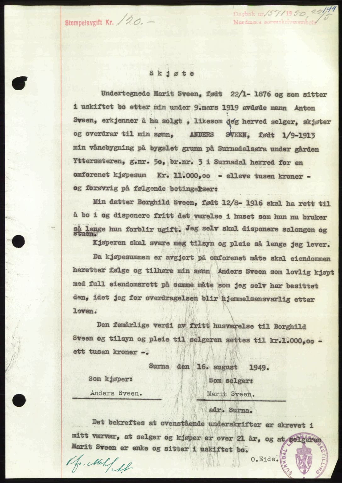 Nordmøre sorenskriveri, AV/SAT-A-4132/1/2/2Ca: Mortgage book no. A115, 1950-1950, Diary no: : 1571/1950