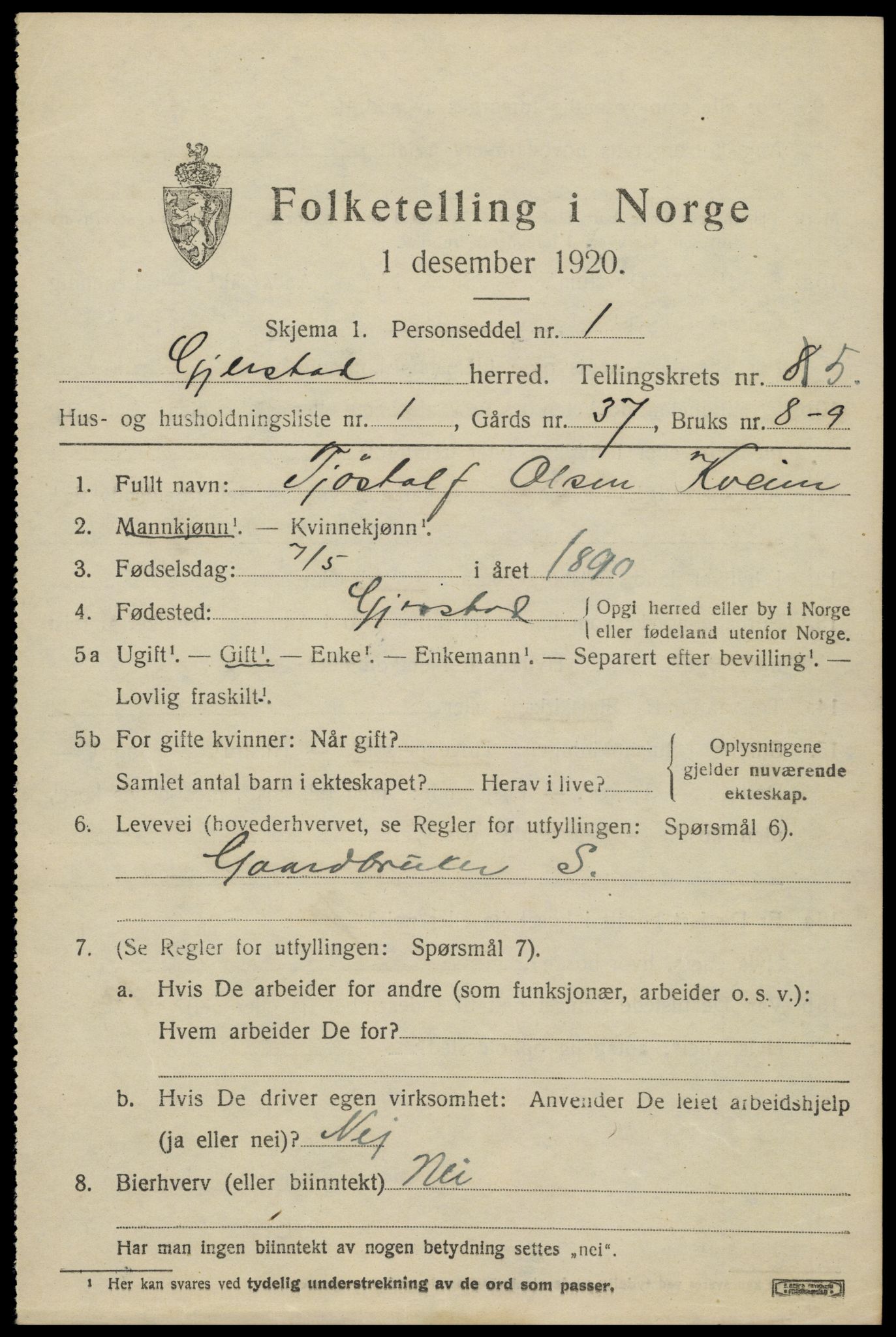 SAK, 1920 census for Gjerstad, 1920, p. 3261