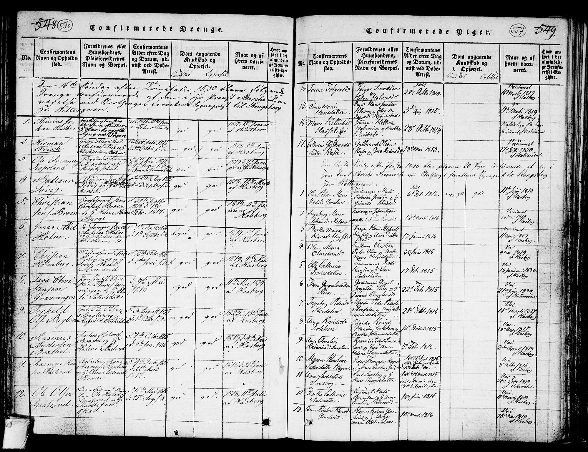 Kongsberg kirkebøker, AV/SAKO-A-22/G/Ga/L0001: Parish register (copy) no. 1, 1816-1839, p. 556-557