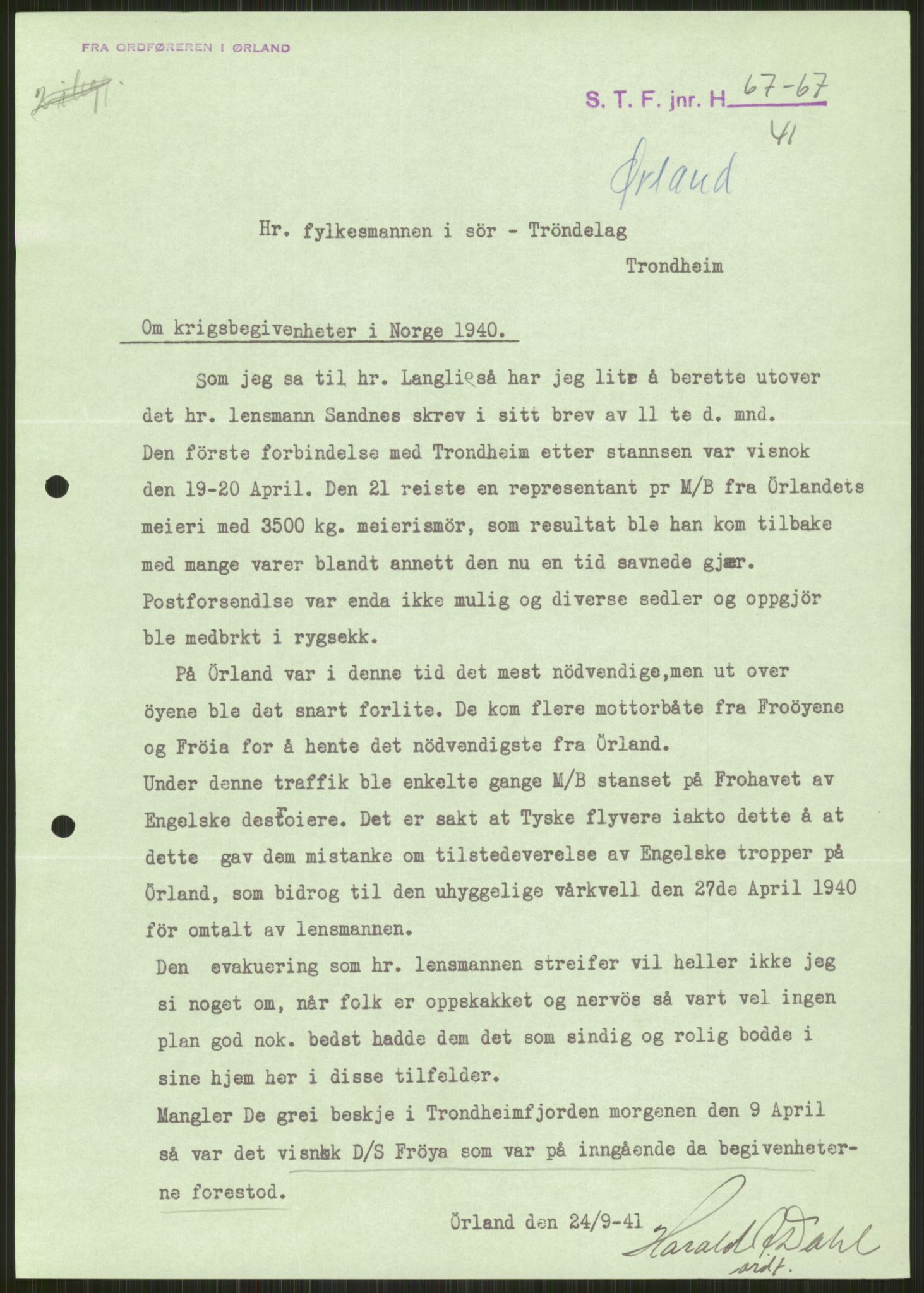 Forsvaret, Forsvarets krigshistoriske avdeling, AV/RA-RAFA-2017/Y/Ya/L0016: II-C-11-31 - Fylkesmenn.  Rapporter om krigsbegivenhetene 1940., 1940, p. 30