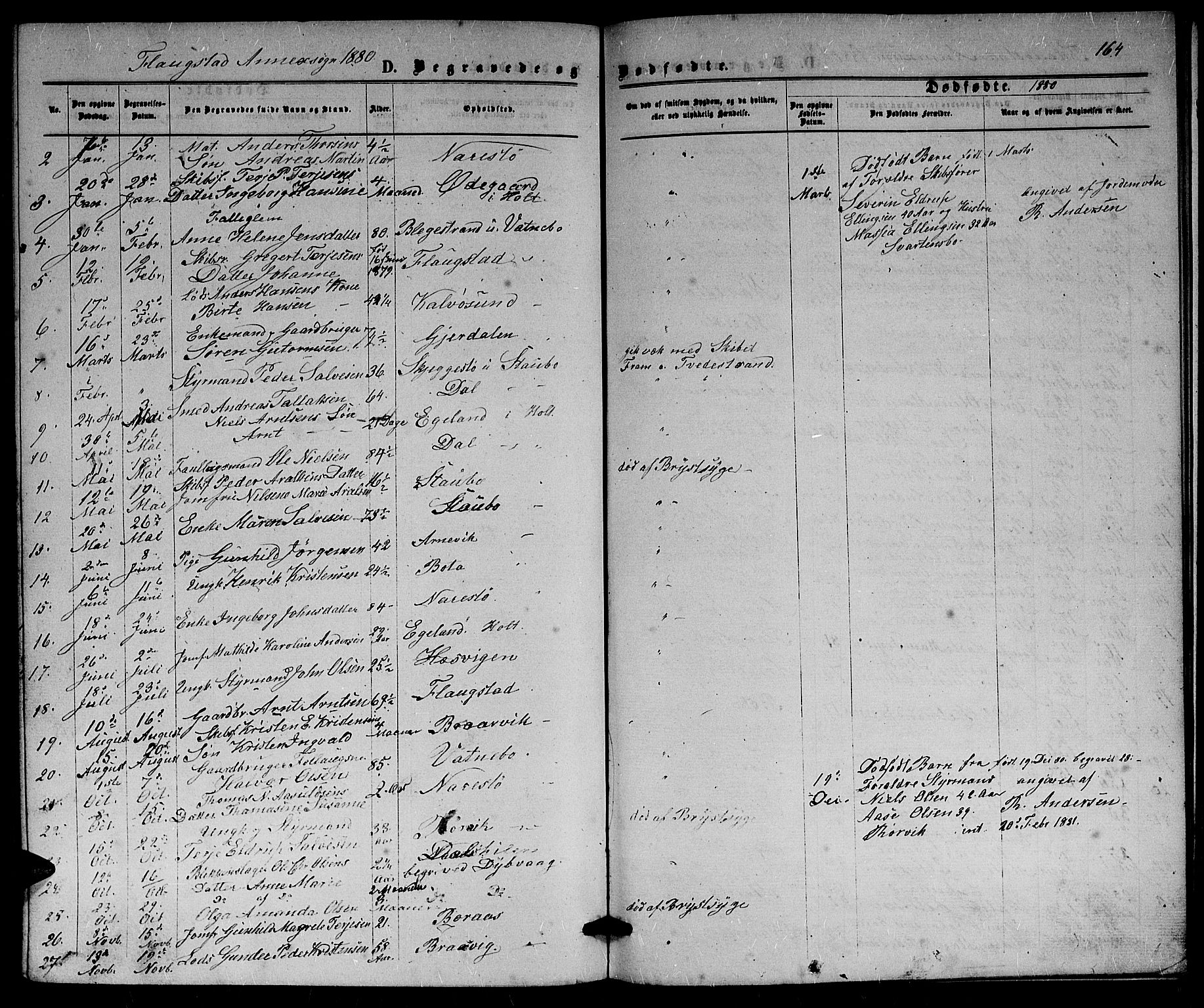 Dypvåg sokneprestkontor, AV/SAK-1111-0007/F/Fb/Fbb/L0003: Parish register (copy) no. B 3, 1872-1886, p. 164