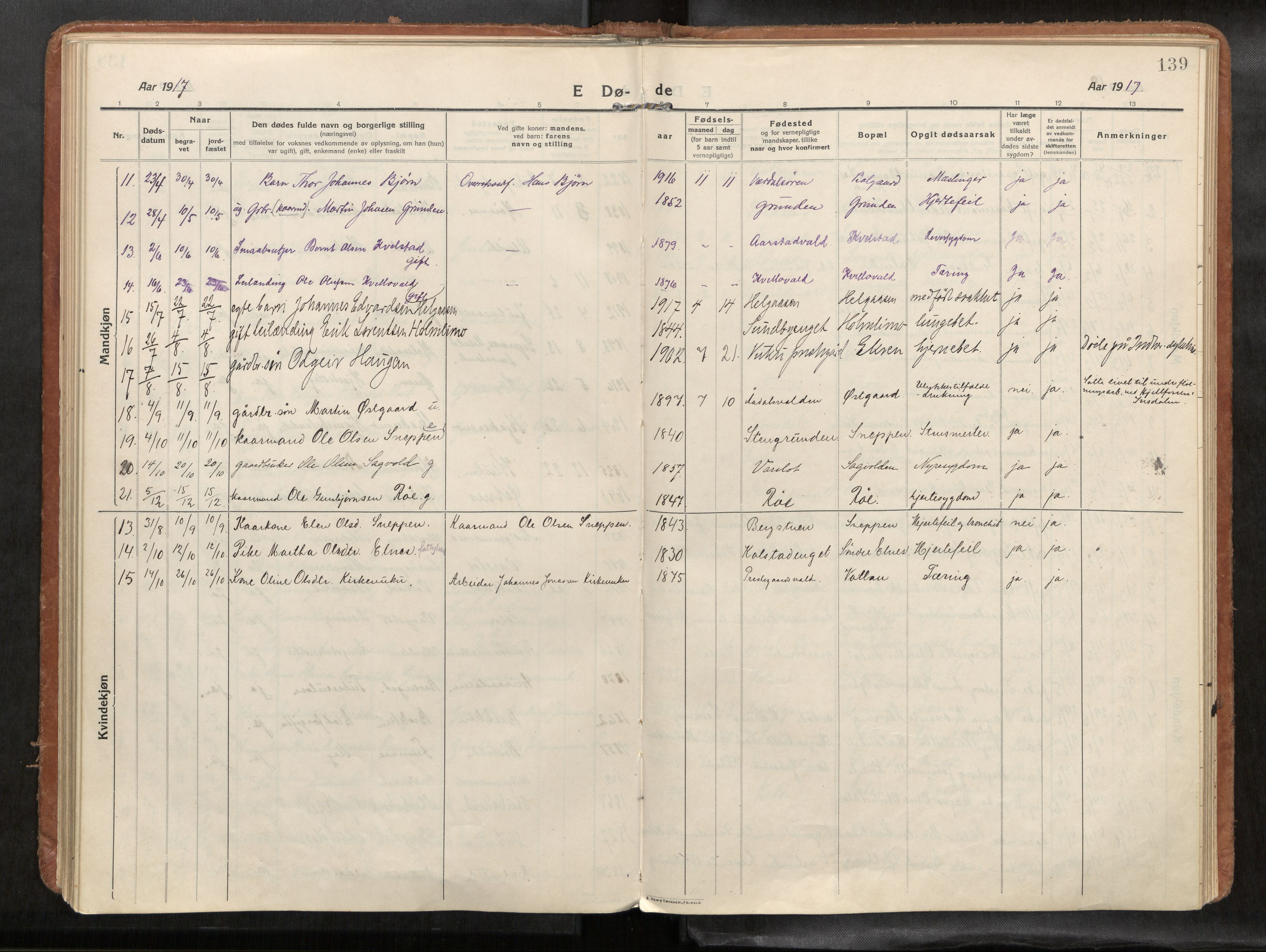 Verdal sokneprestkontor, SAT/A-1156/2/H/Haa/L0004: Parish register (official) no. 4, 1916-1928, p. 139