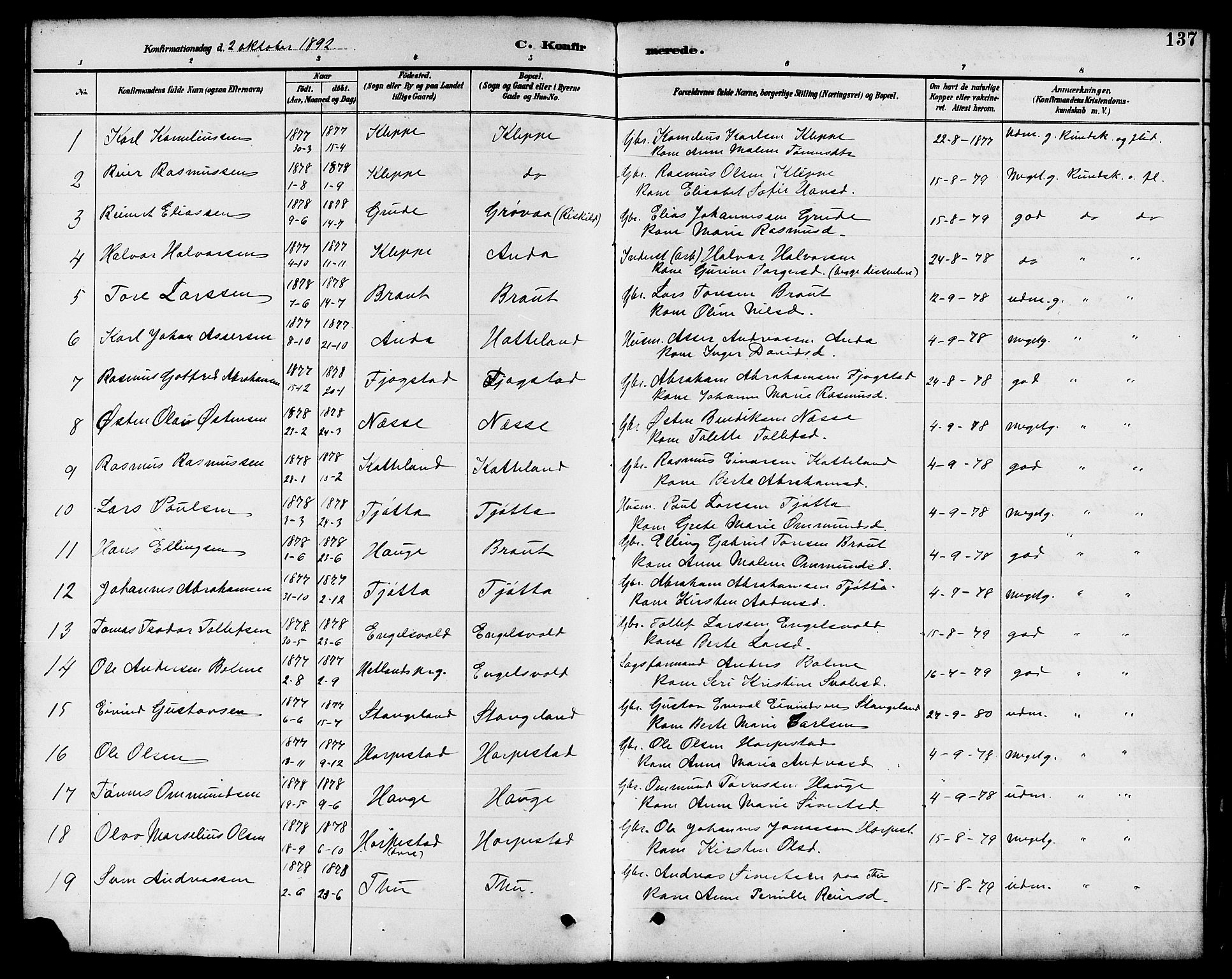 Klepp sokneprestkontor, SAST/A-101803/001/3/30BB/L0004: Parish register (copy) no. B 4, 1889-1914, p. 137