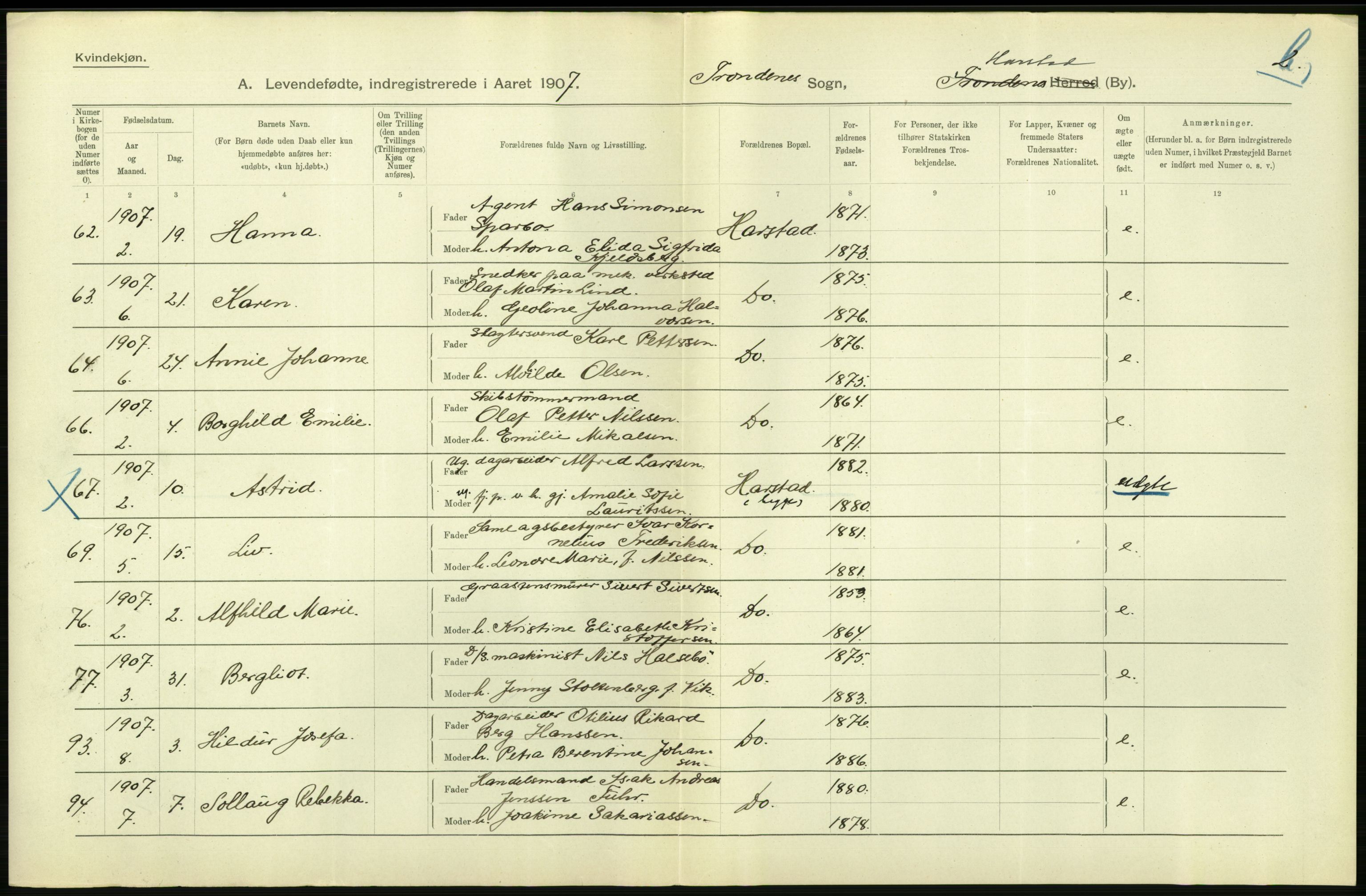 Statistisk sentralbyrå, Sosiodemografiske emner, Befolkning, AV/RA-S-2228/D/Df/Dfa/Dfae/L0046: Tromsø amt: Levendefødte menn og kvinner. Bygder og byer., 1907, p. 498