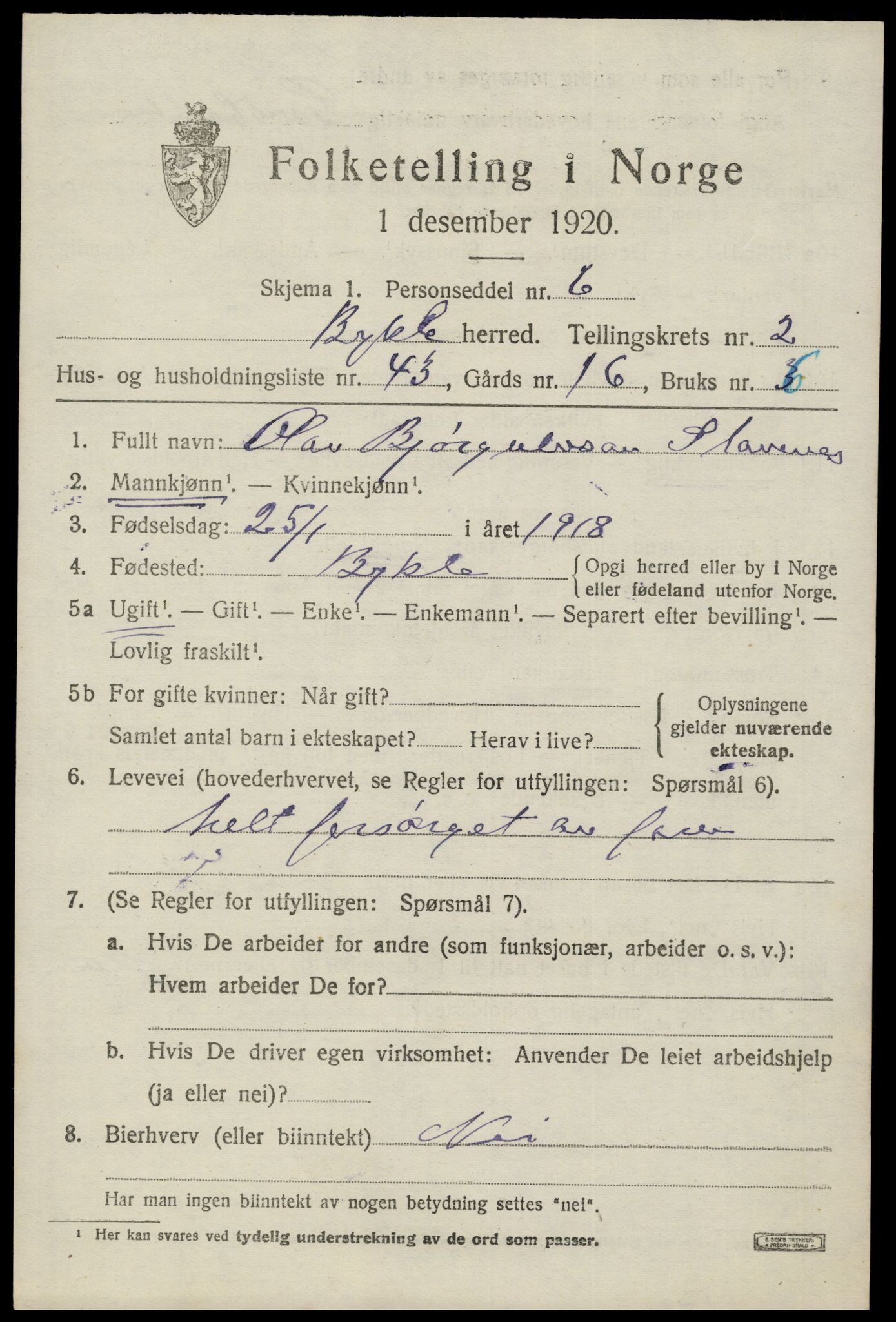 SAK, 1920 census for Bykle, 1920, p. 1013