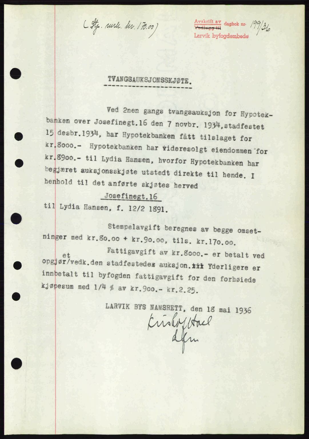 Larvik sorenskriveri, SAKO/A-83/G/Ga/Gab/L0067: Mortgage book no. A-1, 1936-1937, Diary no: : 199/1936