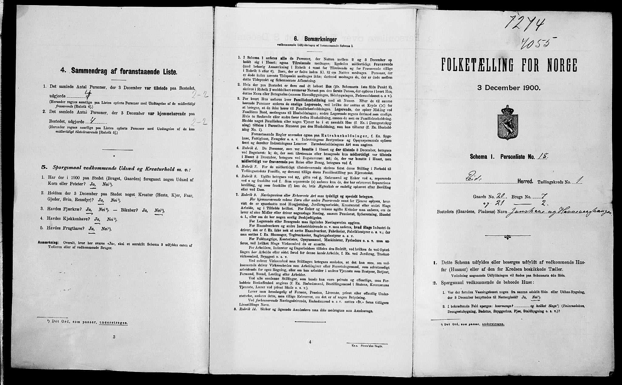 SAK, 1900 census for Eide, 1900, p. 20