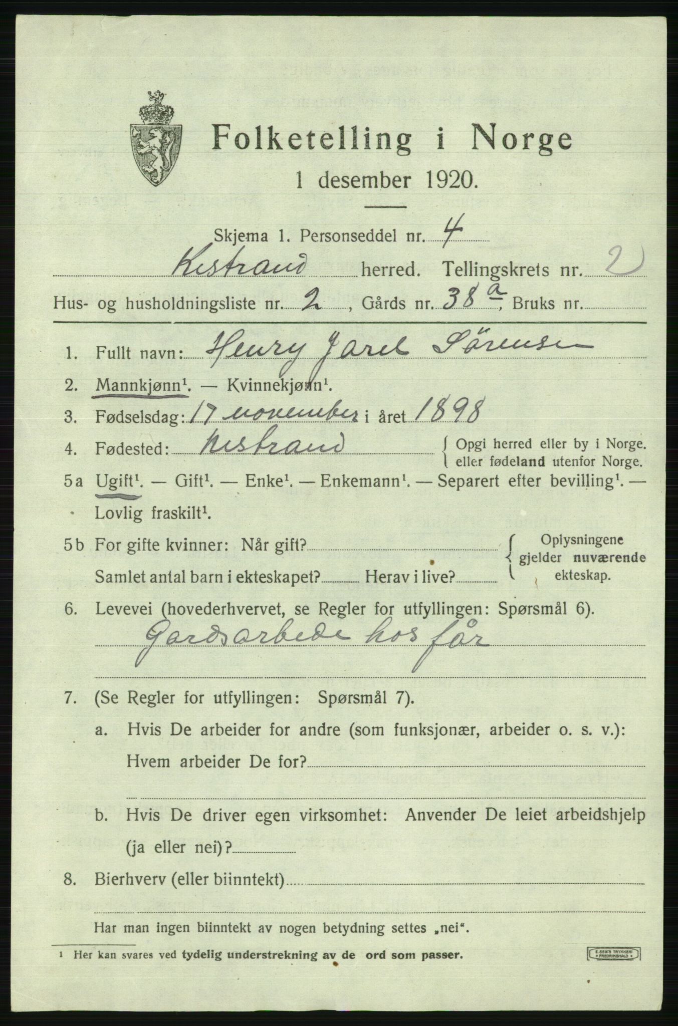 SATØ, 1920 census for Kistrand, 1920, p. 1508