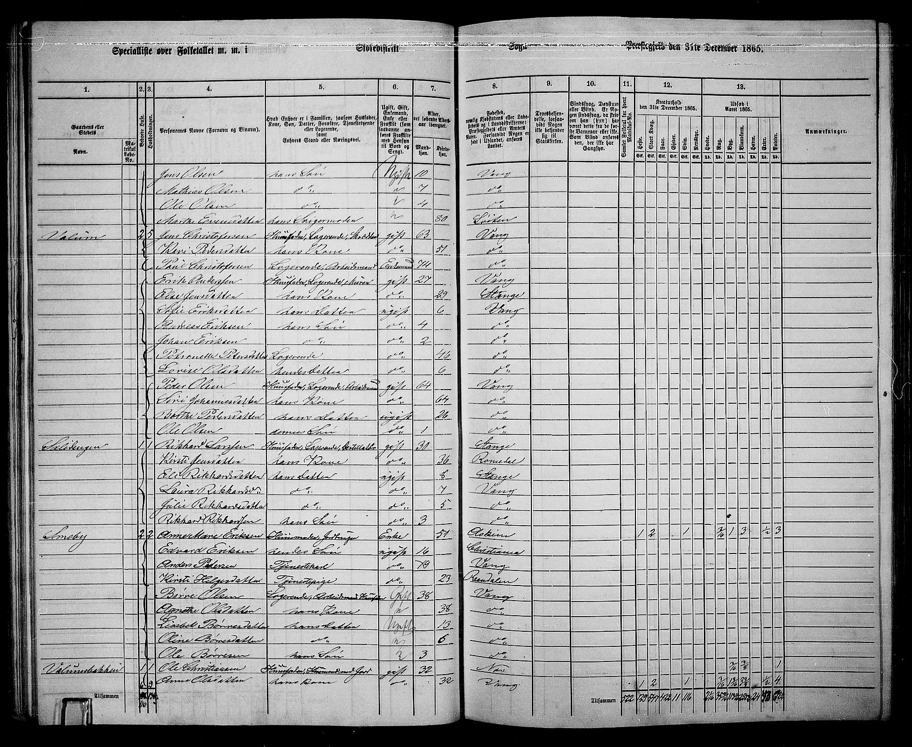 RA, 1865 census for Vang/Vang og Furnes, 1865, p. 198