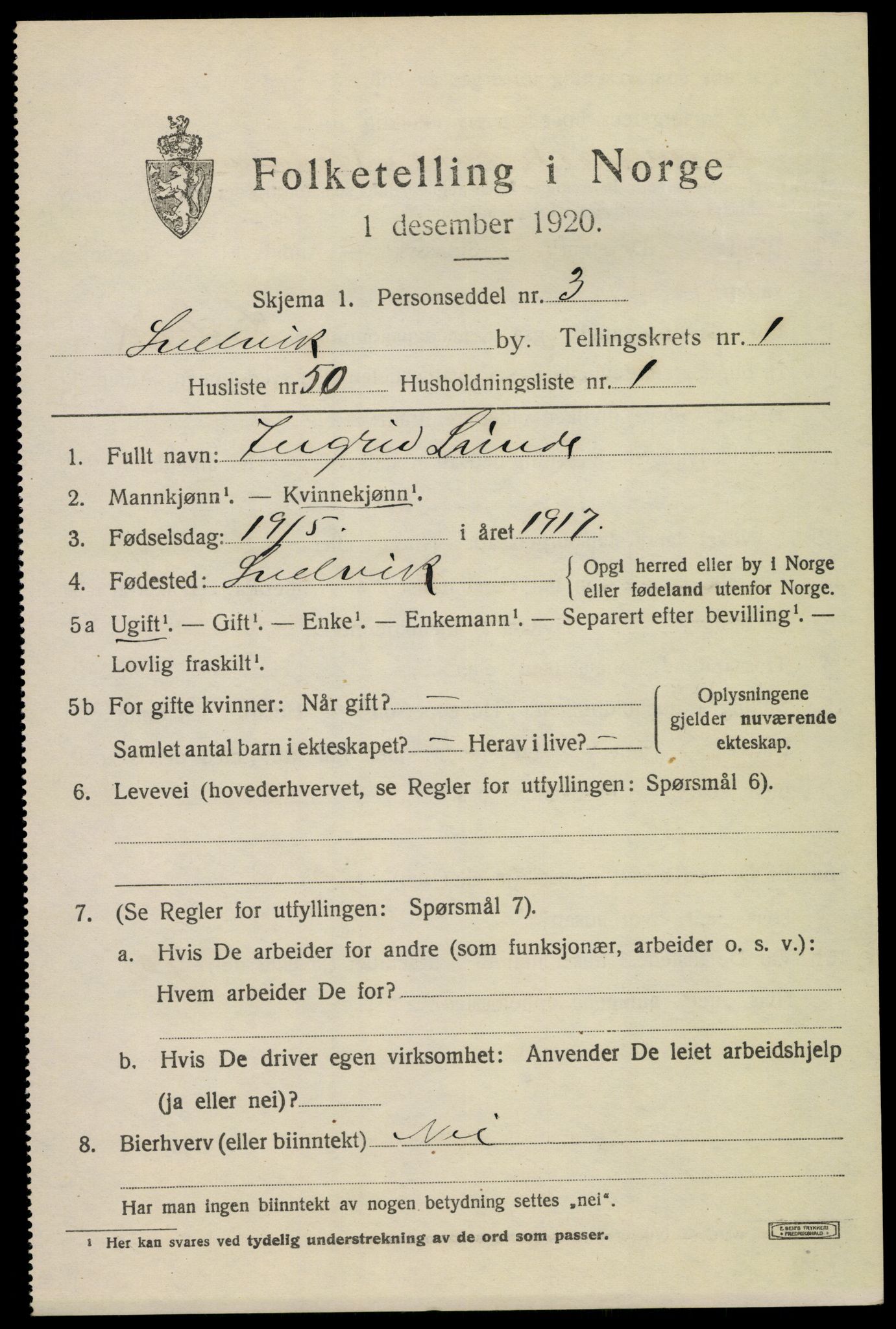 SAKO, 1920 census for Svelvik, 1920, p. 1711