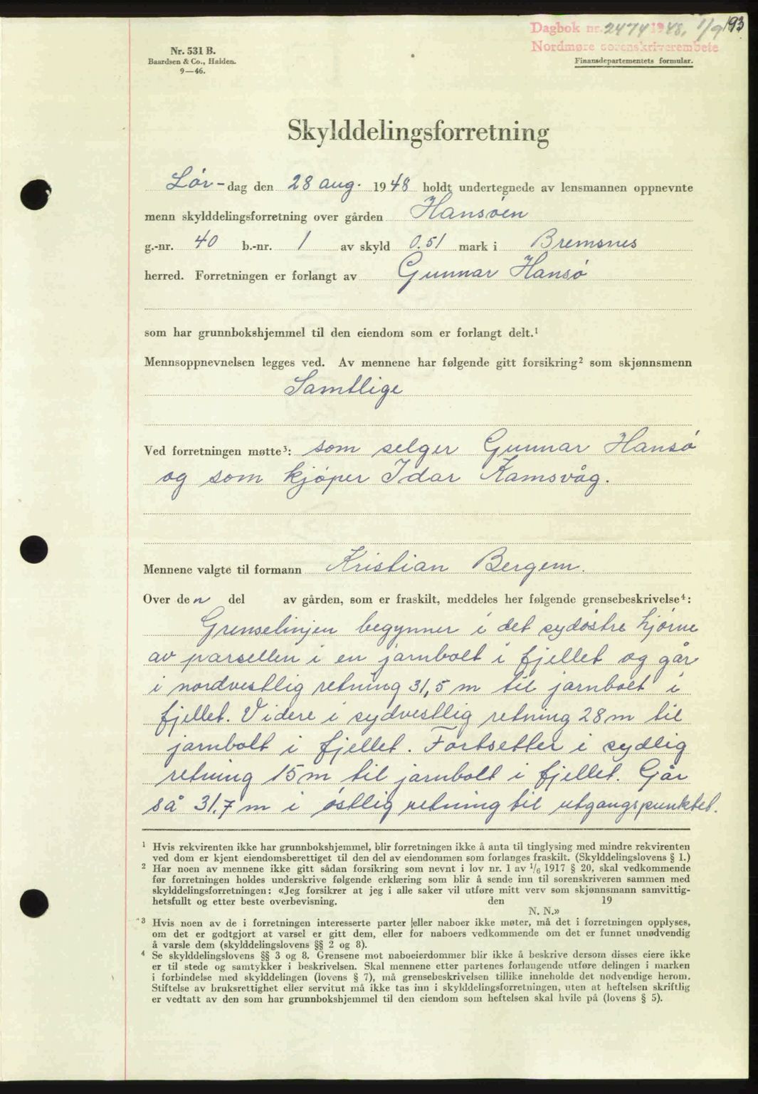 Nordmøre sorenskriveri, AV/SAT-A-4132/1/2/2Ca: Mortgage book no. A109, 1948-1948, Diary no: : 2474/1948