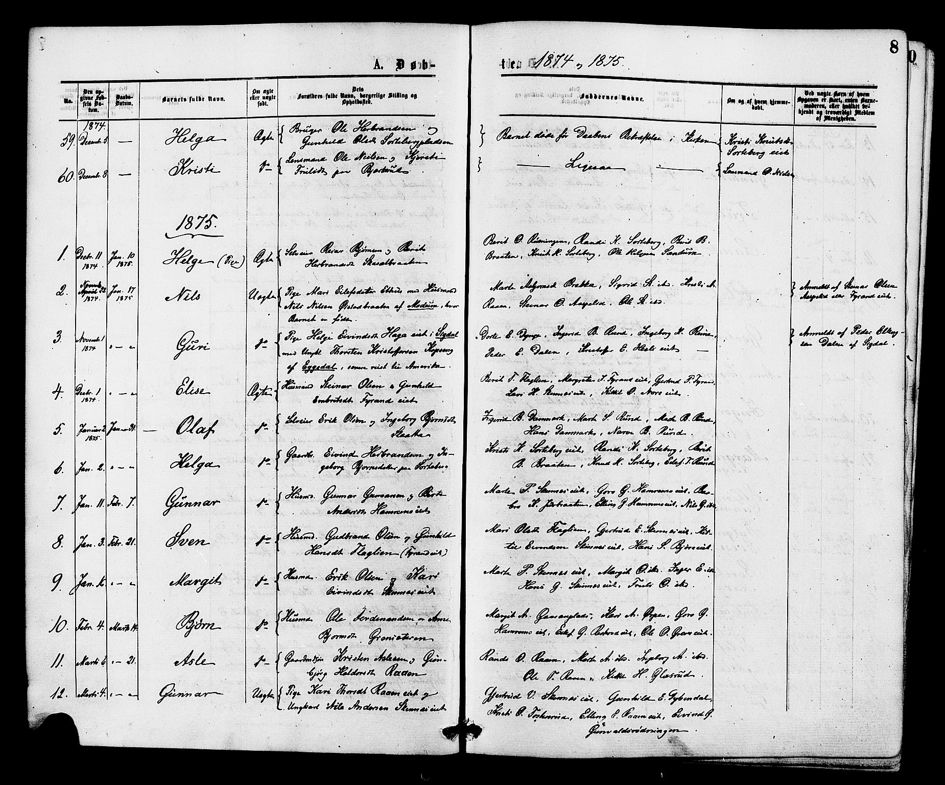 Krødsherad kirkebøker, SAKO/A-19/F/Fa/L0004: Parish register (official) no. 4, 1873-1878, p. 8