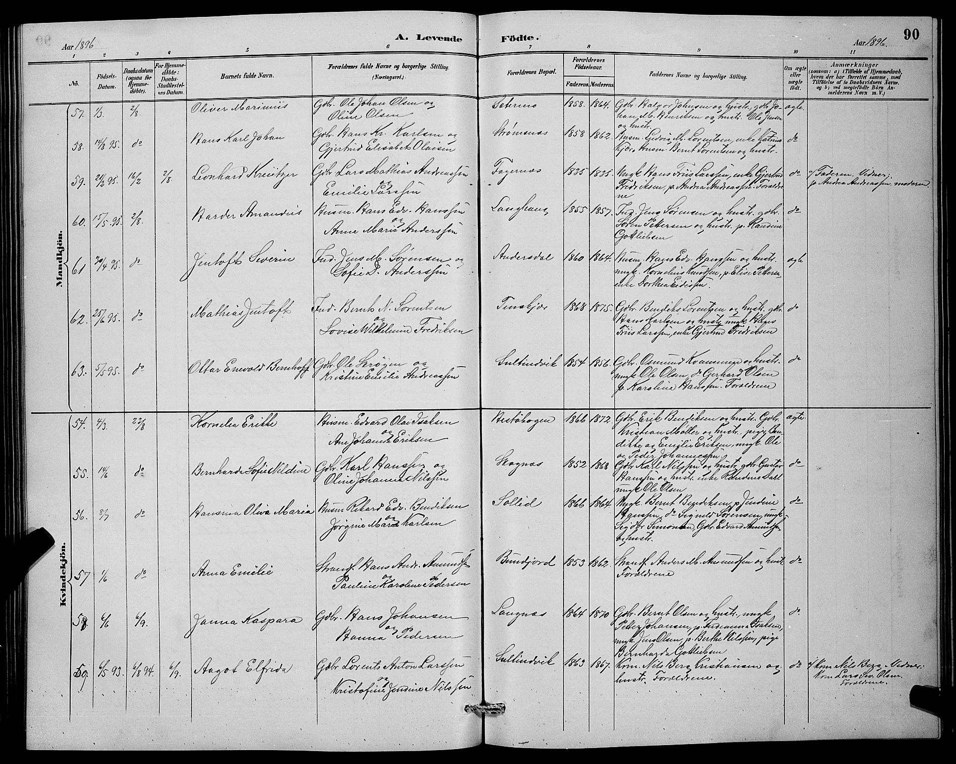 Lenvik sokneprestembete, SATØ/S-1310/H/Ha/Hab/L0007klokker: Parish register (copy) no. 7, 1890-1898, p. 90
