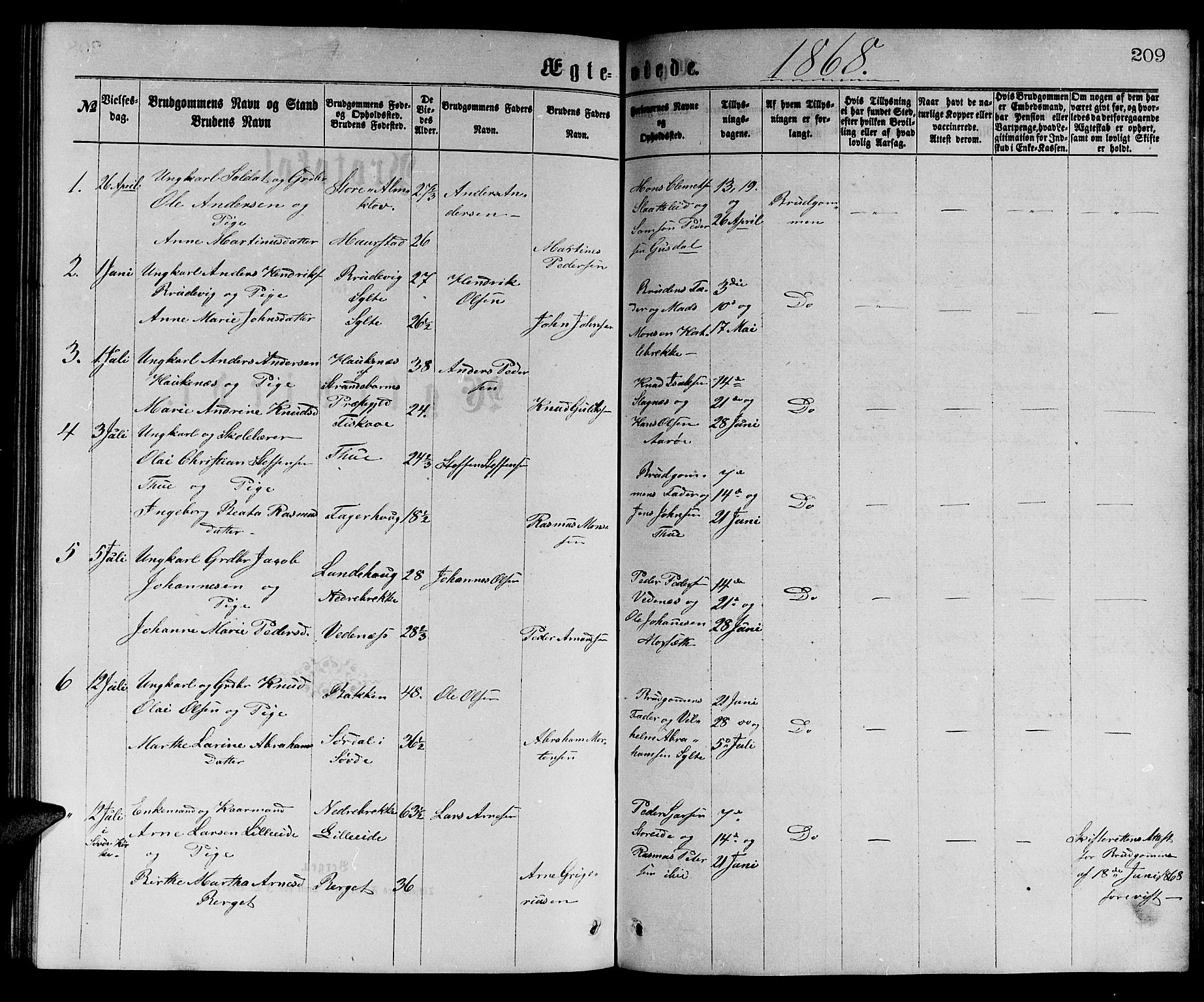 Ministerialprotokoller, klokkerbøker og fødselsregistre - Møre og Romsdal, SAT/A-1454/501/L0016: Parish register (copy) no. 501C02, 1868-1884, p. 209