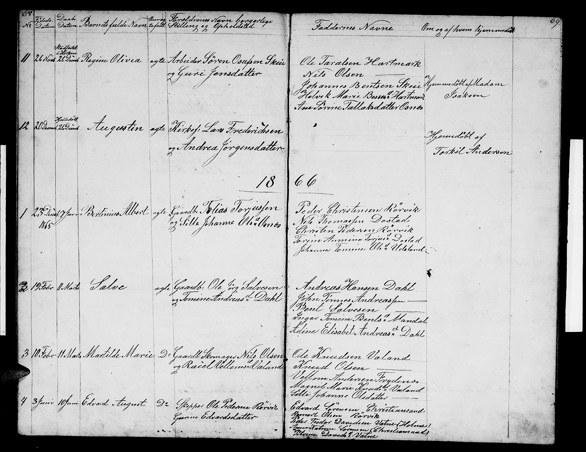 Mandal sokneprestkontor, SAK/1111-0030/F/Fb/Fbb/L0003: Parish register (copy) no. B 3, 1848-1877, p. 68-69