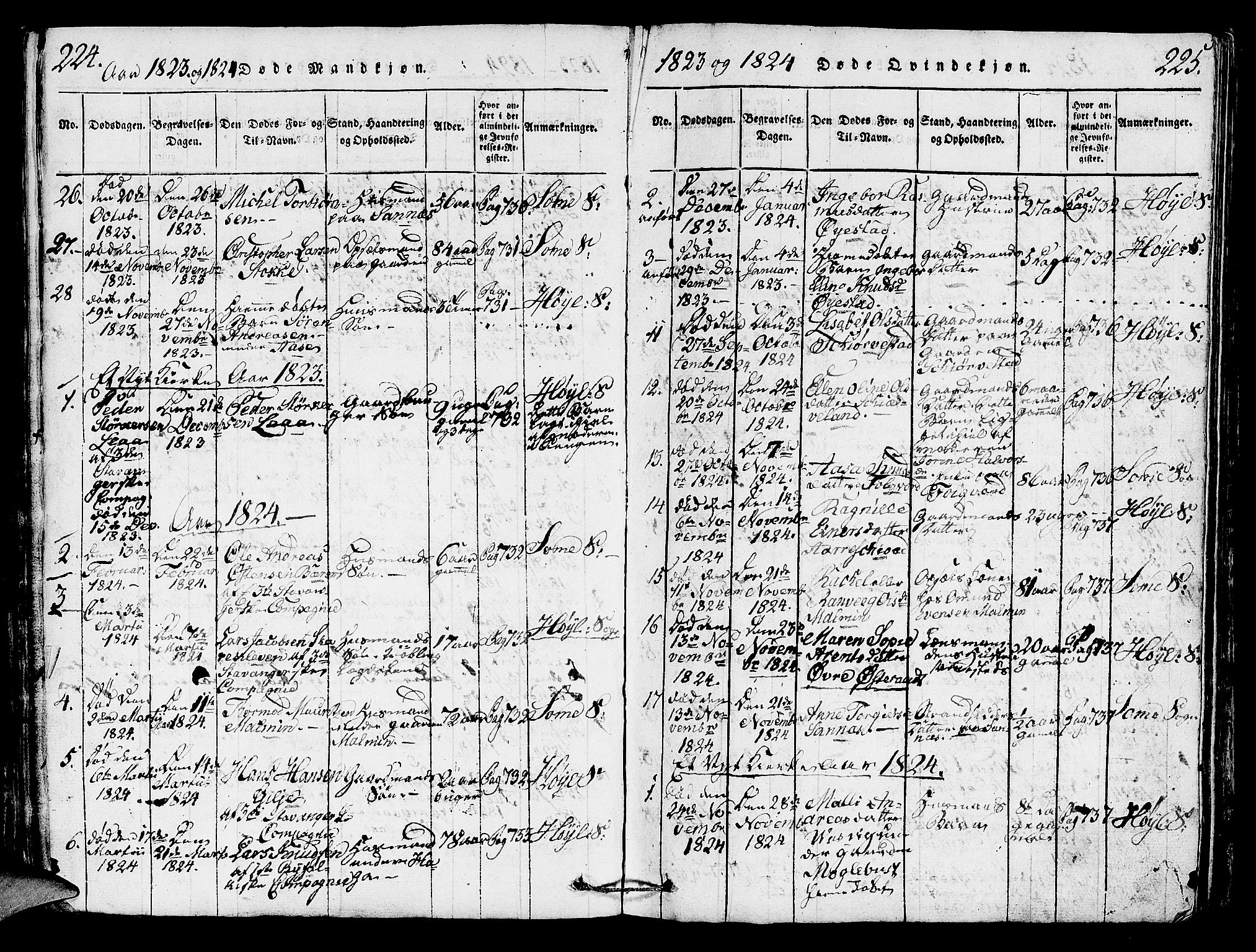 Høyland sokneprestkontor, SAST/A-101799/001/30BA/L0006: Parish register (official) no. A 6, 1815-1825, p. 224-225
