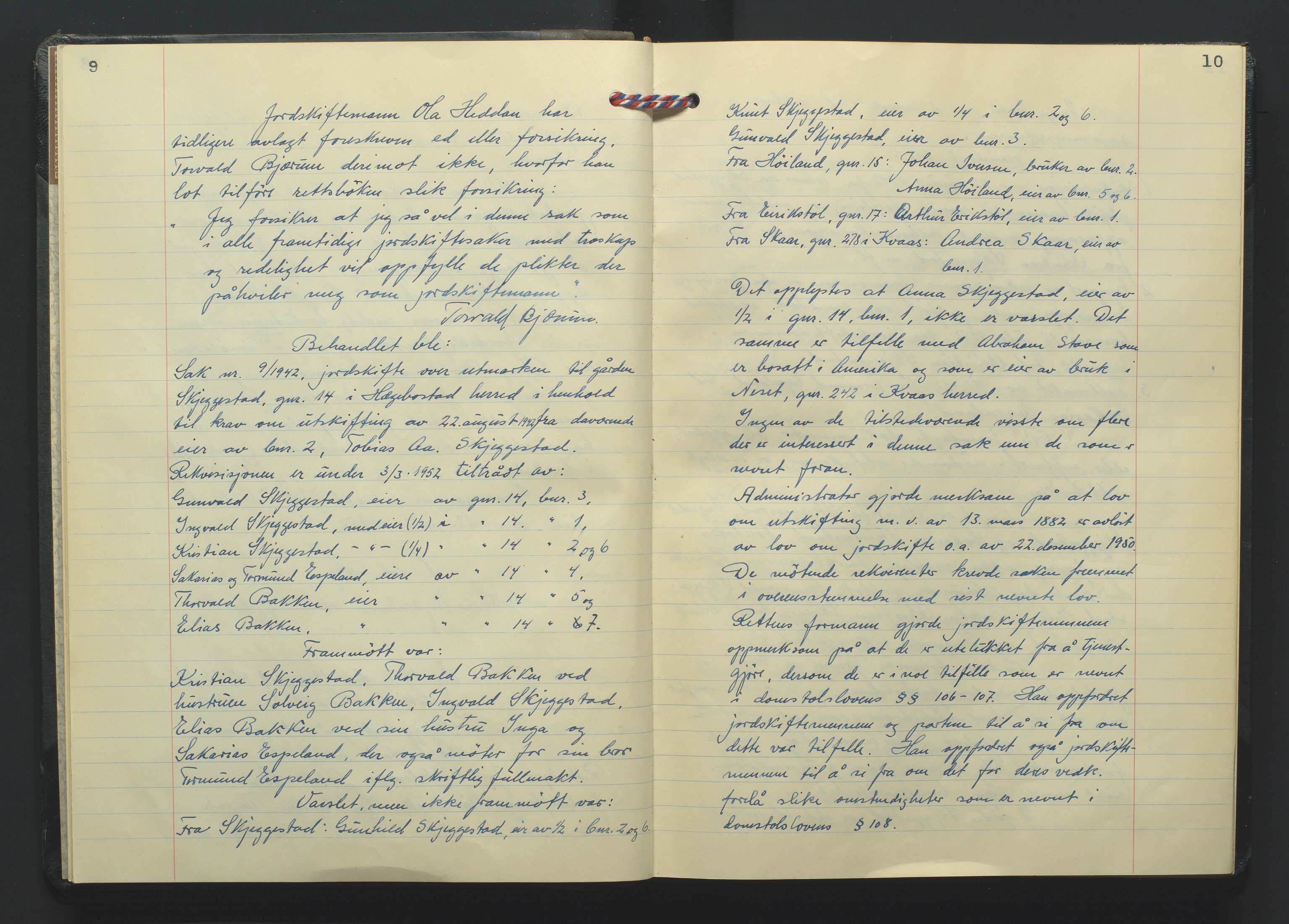 Marnar jordskifterett, AV/SAK-1541-0006/F/Fa/L0016: Jordskifterettsbok Lyngdal domssokn (L1), 1952-1965, p. 9-10